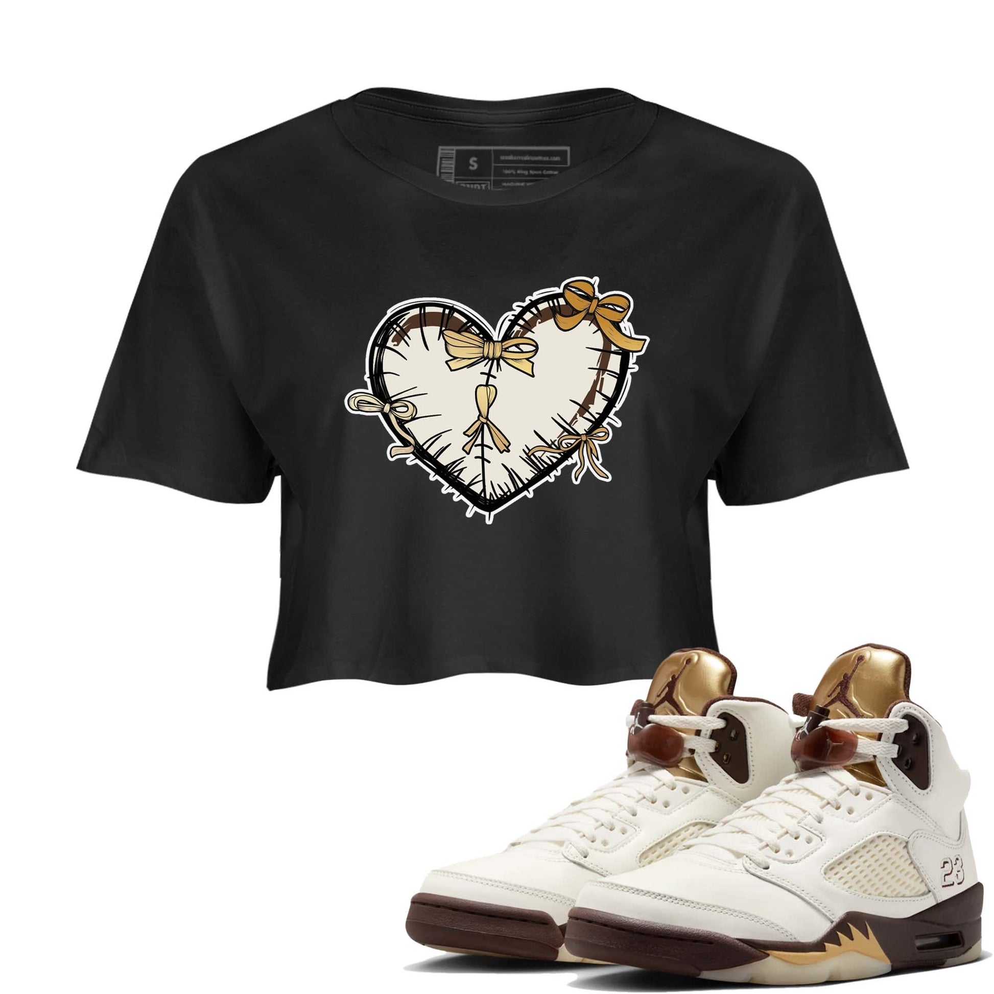 5s Golden Ticket shirts to match jordans  Heart With Ribbons shirts to match jordans Air Jordan 5 Golden Ticket match shoes to clothes SNRT Sneaker Tees unisex cotton Black 1 crop tee