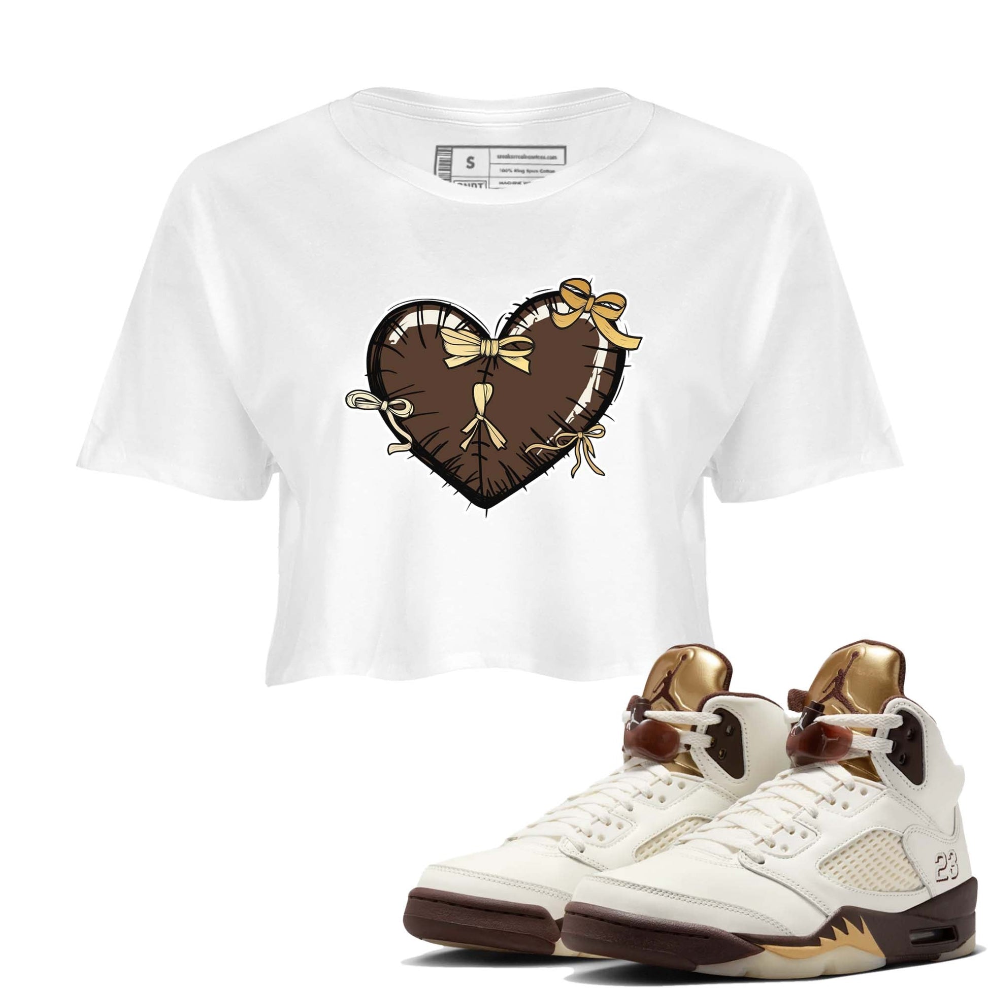 5s Golden Ticket shirts to match jordans  Heart With Ribbons shirts to match jordans Air Jordan 5 Golden Ticket match shoes to clothes SNRT Sneaker Tees unisex cotton White 1 crop tee