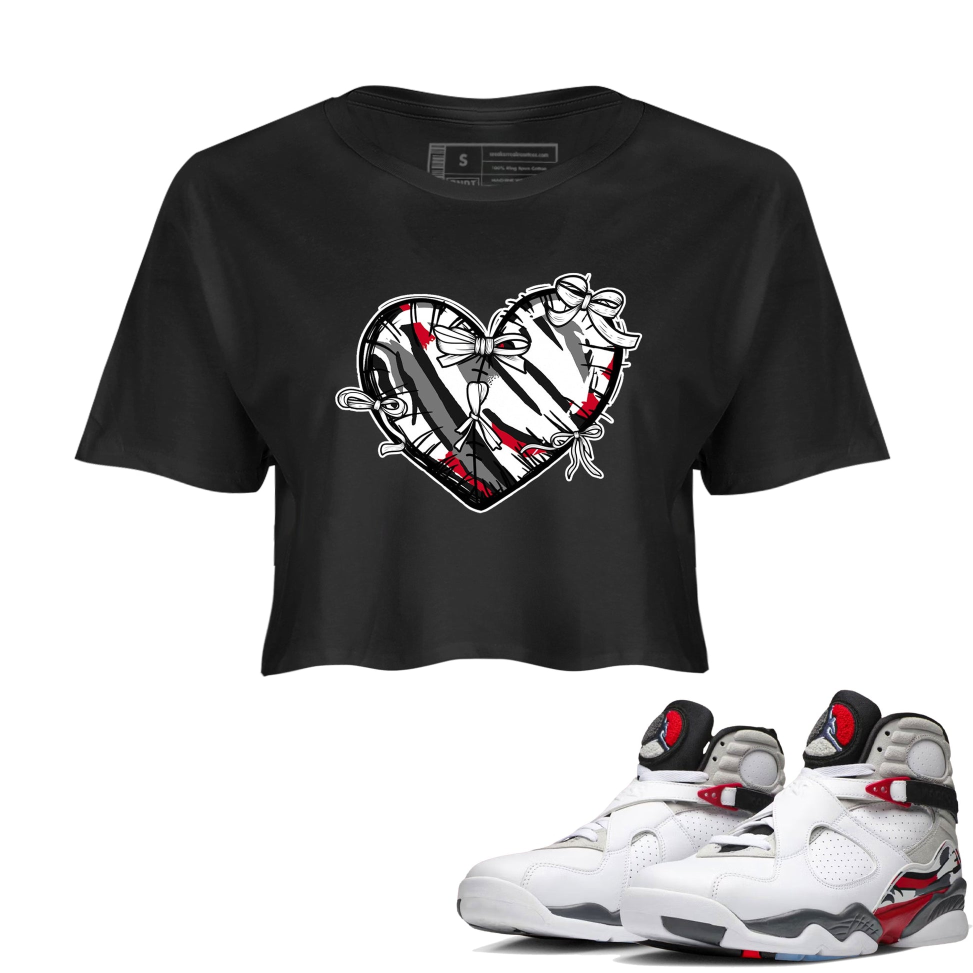 Sneaker match tees – Sneaker Tees To Match Air Jordan 8 Bunny Shoes Air Jordan 8 Bunny White and True Red – Heart With Ribbons Crop T-Shirt Black 1