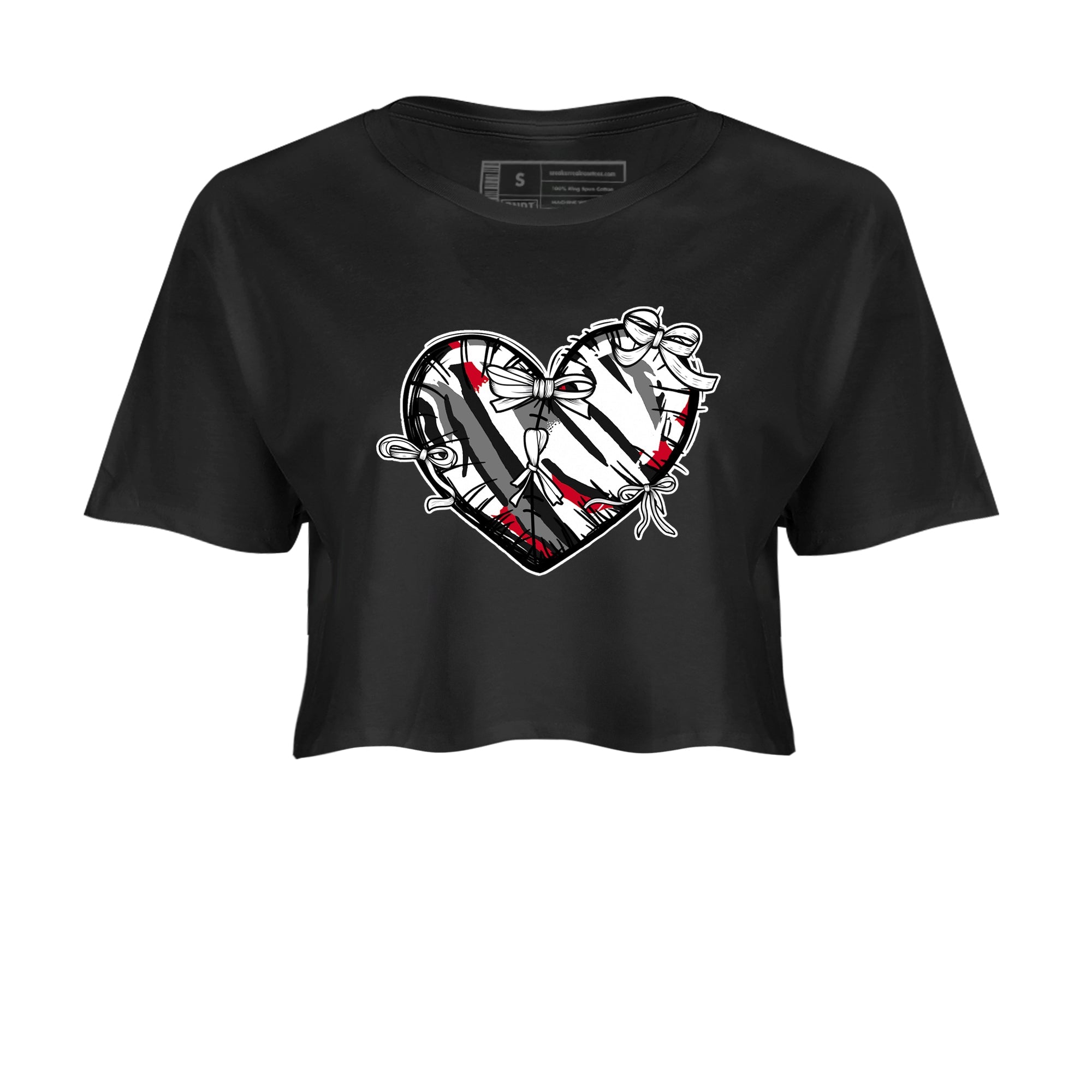 Sneaker match tees – Sneaker Tees To Match Air Jordan 8 Bunny Shoes Air Jordan 8 Bunny White and True Red – Heart With Ribbons Crop T-Shirt Black 2