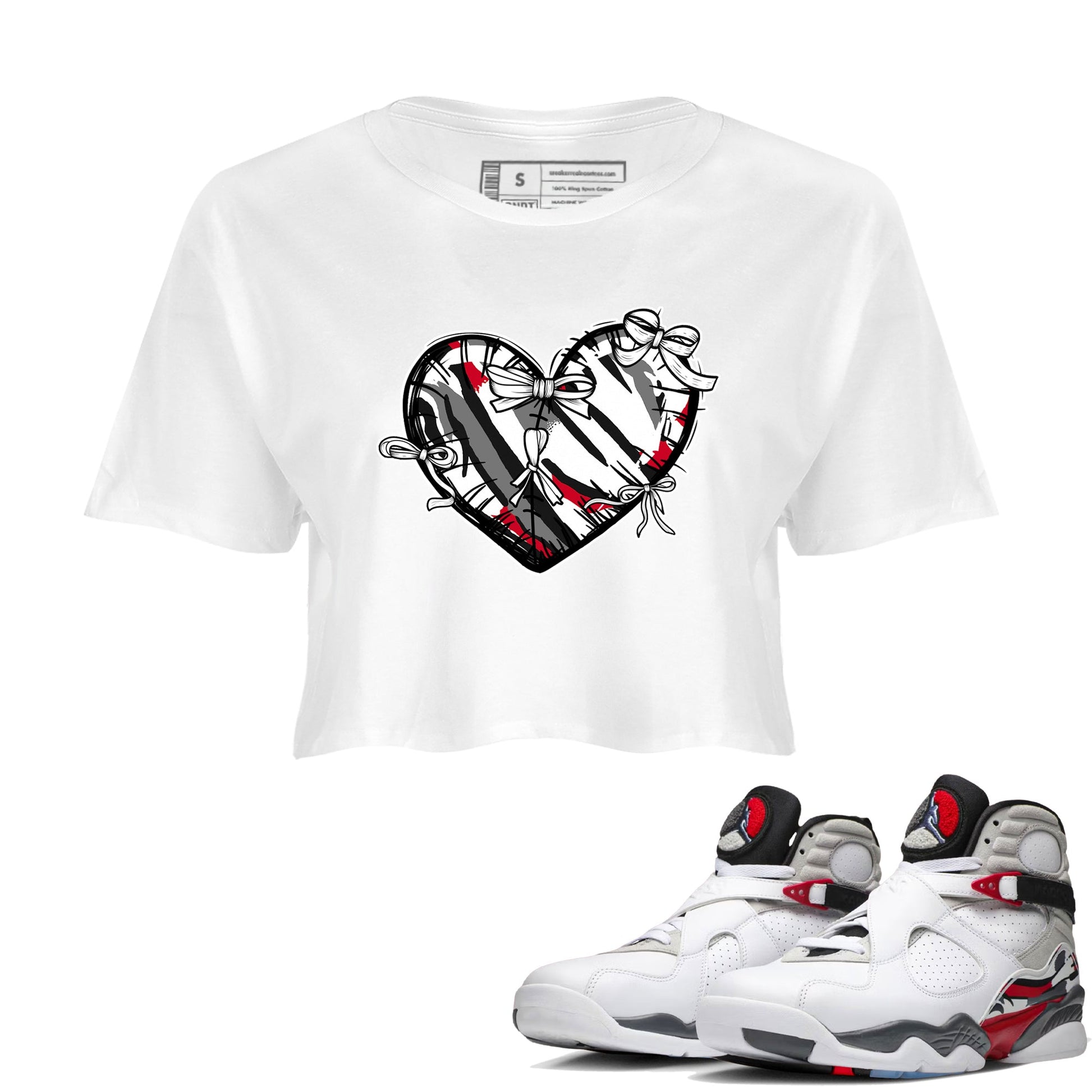 Sneaker match tees – Sneaker Tees To Match Air Jordan 8 Bunny Shoes Air Jordan 8 Bunny White and True Red – Heart With Ribbons Crop T-Shirt White 1