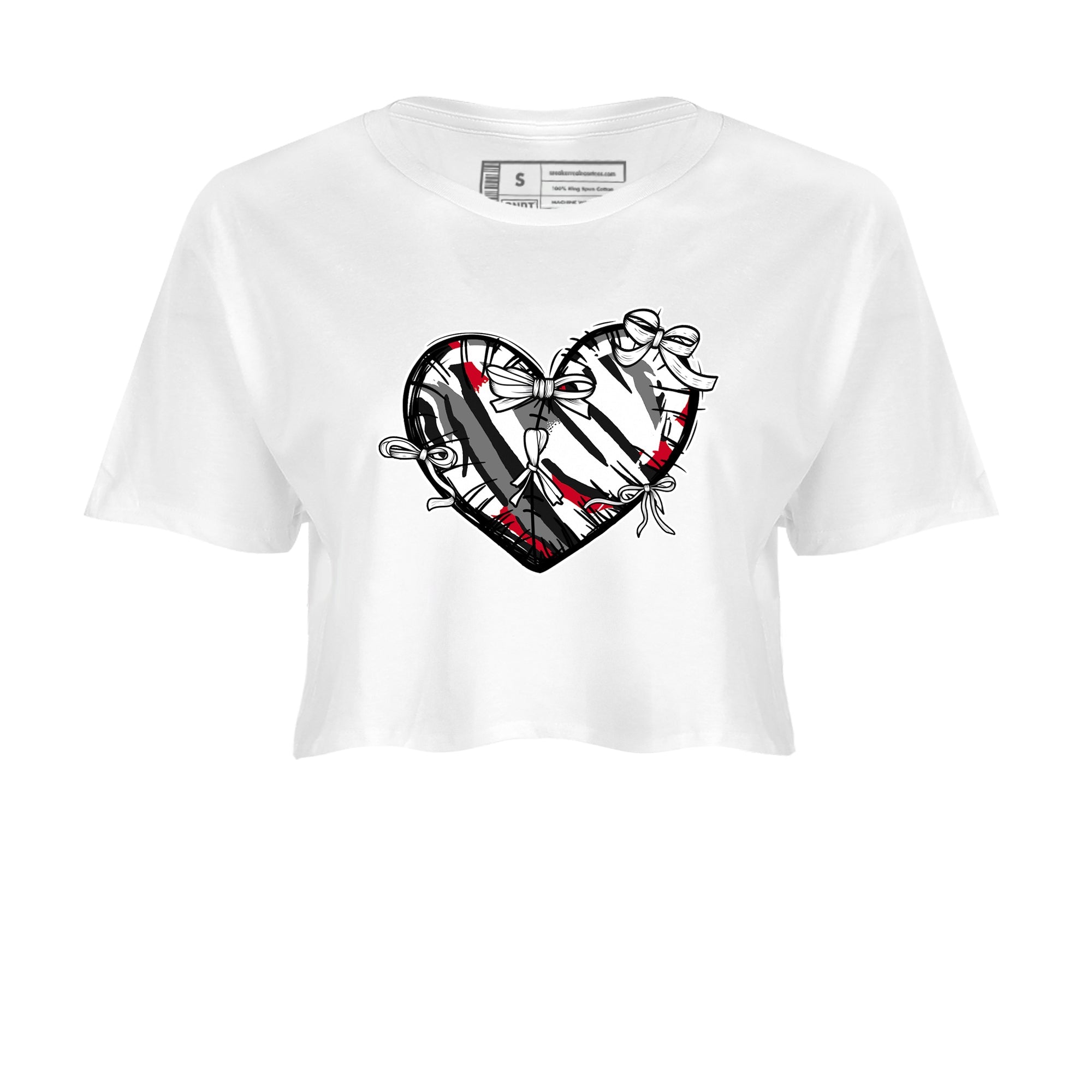 Sneaker match tees – Sneaker Tees To Match Air Jordan 8 Bunny Shoes Air Jordan 8 Bunny White and True Red – Heart With Ribbons Crop T-Shirt White 2