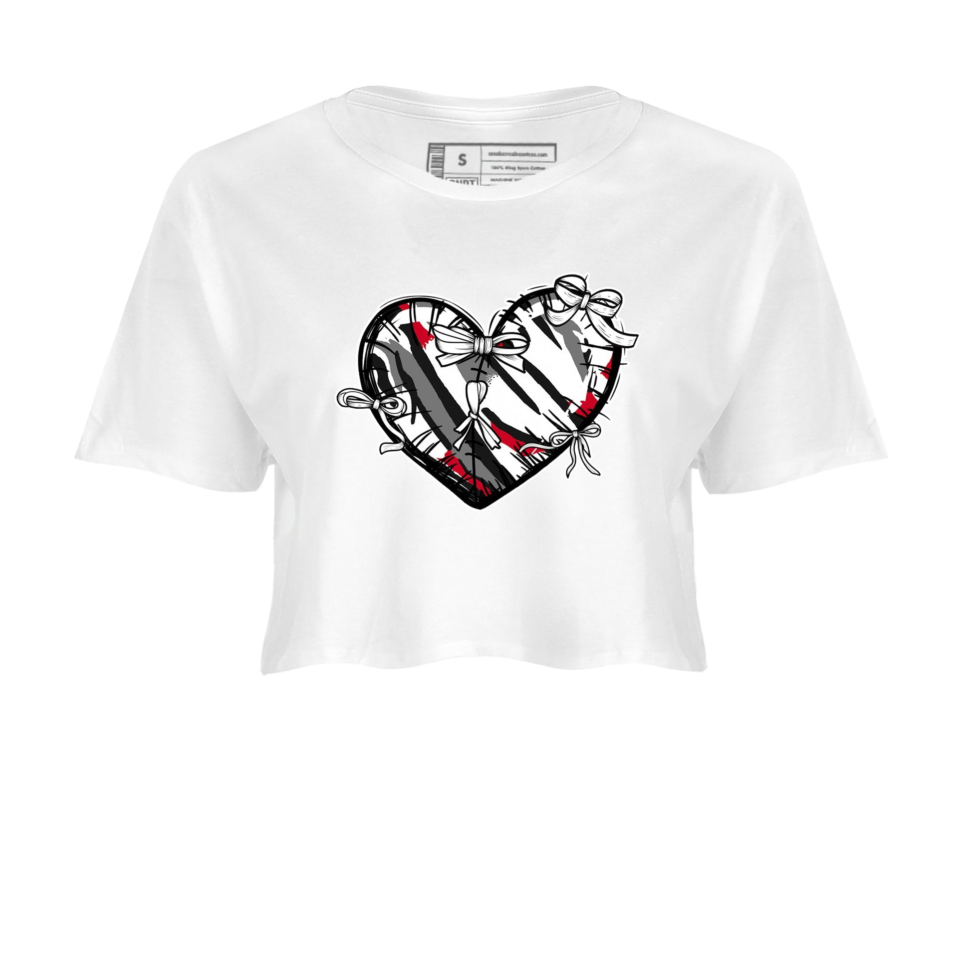 Sneaker match tees – Sneaker Tees To Match Air Jordan 8 Bunny Shoes Air Jordan 8 Bunny White and True Red – Heart With Ribbons Crop T-Shirt White 2