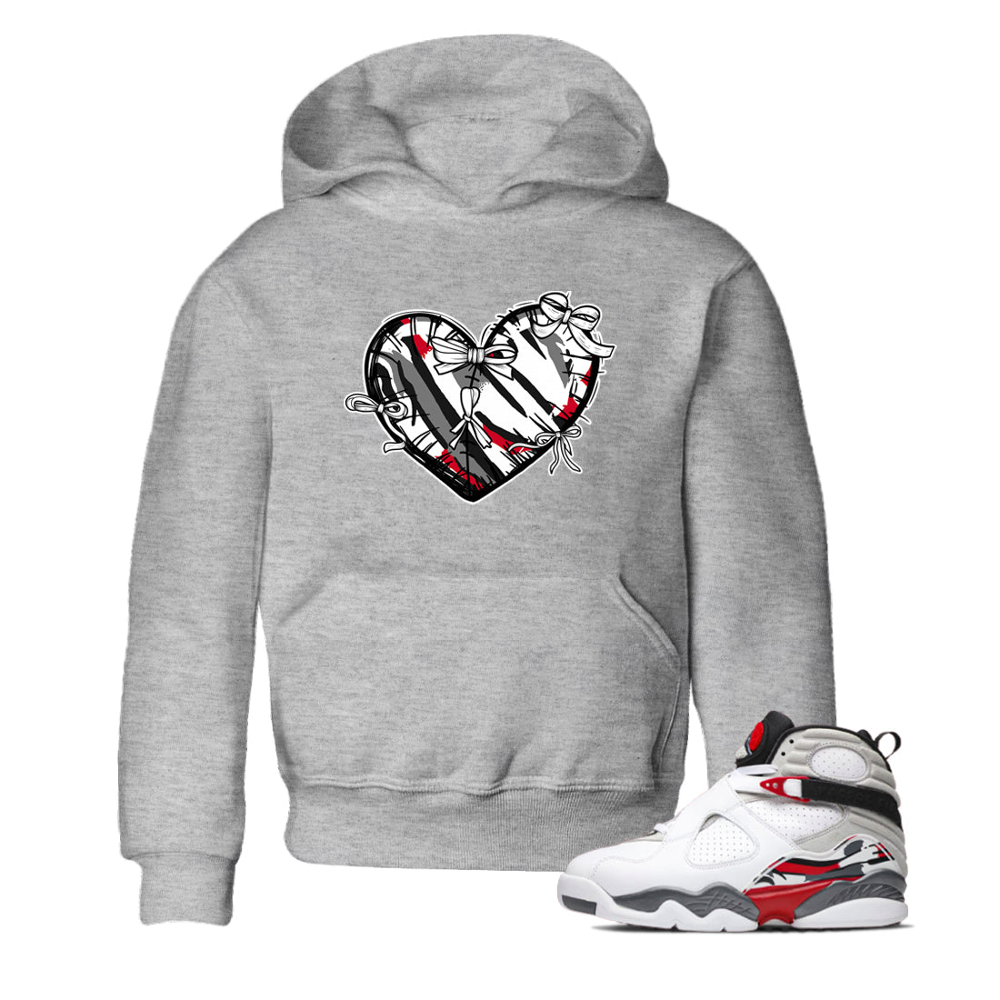 Sneaker match tees – Sneaker Tees To Match Air Jordan 8 Bunny Shoes Air Jordan 8 Bunny White and True Red – Heart With Ribbons Kids T-Shirt Heather Grey 1