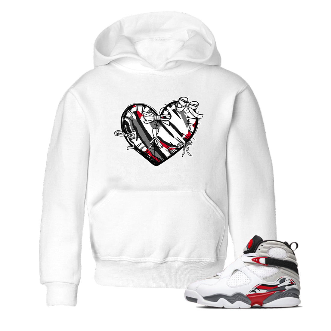 Sneaker match tees – Sneaker Tees To Match Air Jordan 8 Bunny Shoes Air Jordan 8 Bunny White and True Red – Heart With Ribbons Kids T-Shirt White 1