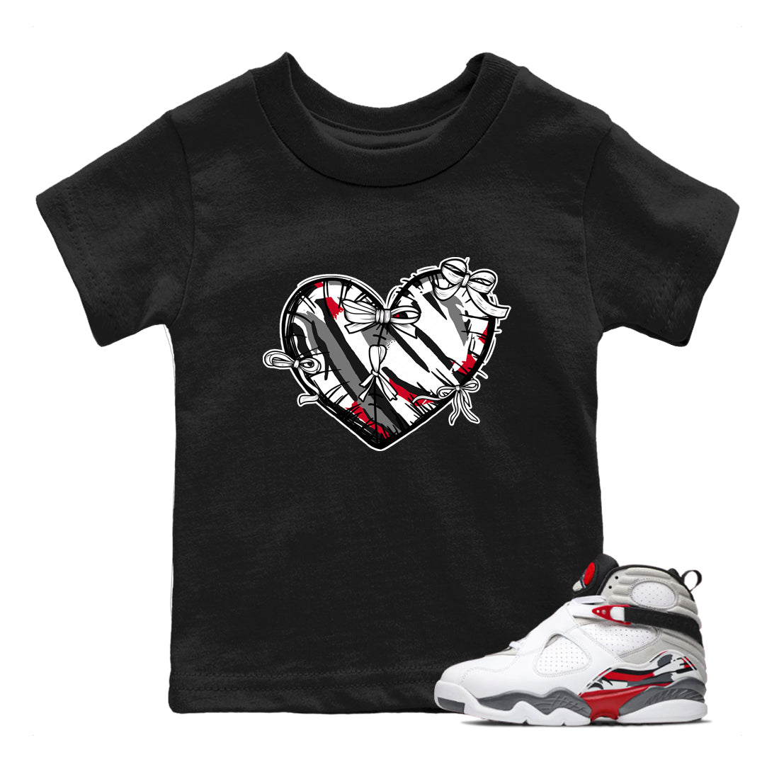 Sneaker match tees – Sneaker Tees To Match Air Jordan 8 Bunny Shoes Air Jordan 8 Bunny White and True Red – Heart With Ribbons Kids T-Shirt Black 1