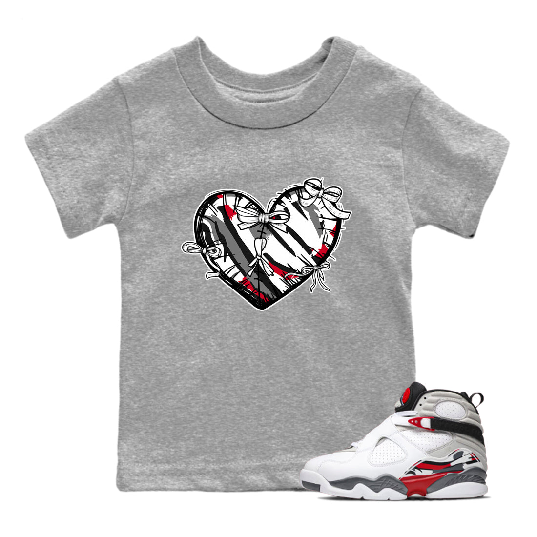 Sneaker match tees – Sneaker Tees To Match Air Jordan 8 Bunny Shoes Air Jordan 8 Bunny White and True Red – Heart With Ribbons Kids T-Shirt Heather Grey 1
