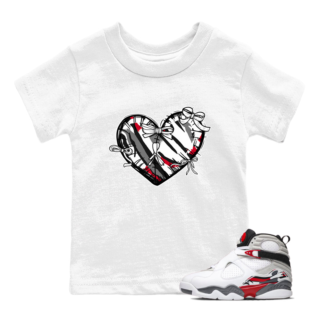 Sneaker match tees – Sneaker Tees To Match Air Jordan 8 Bunny Shoes Air Jordan 8 Bunny White and True Red – Heart With Ribbons Kids T-Shirt White 1