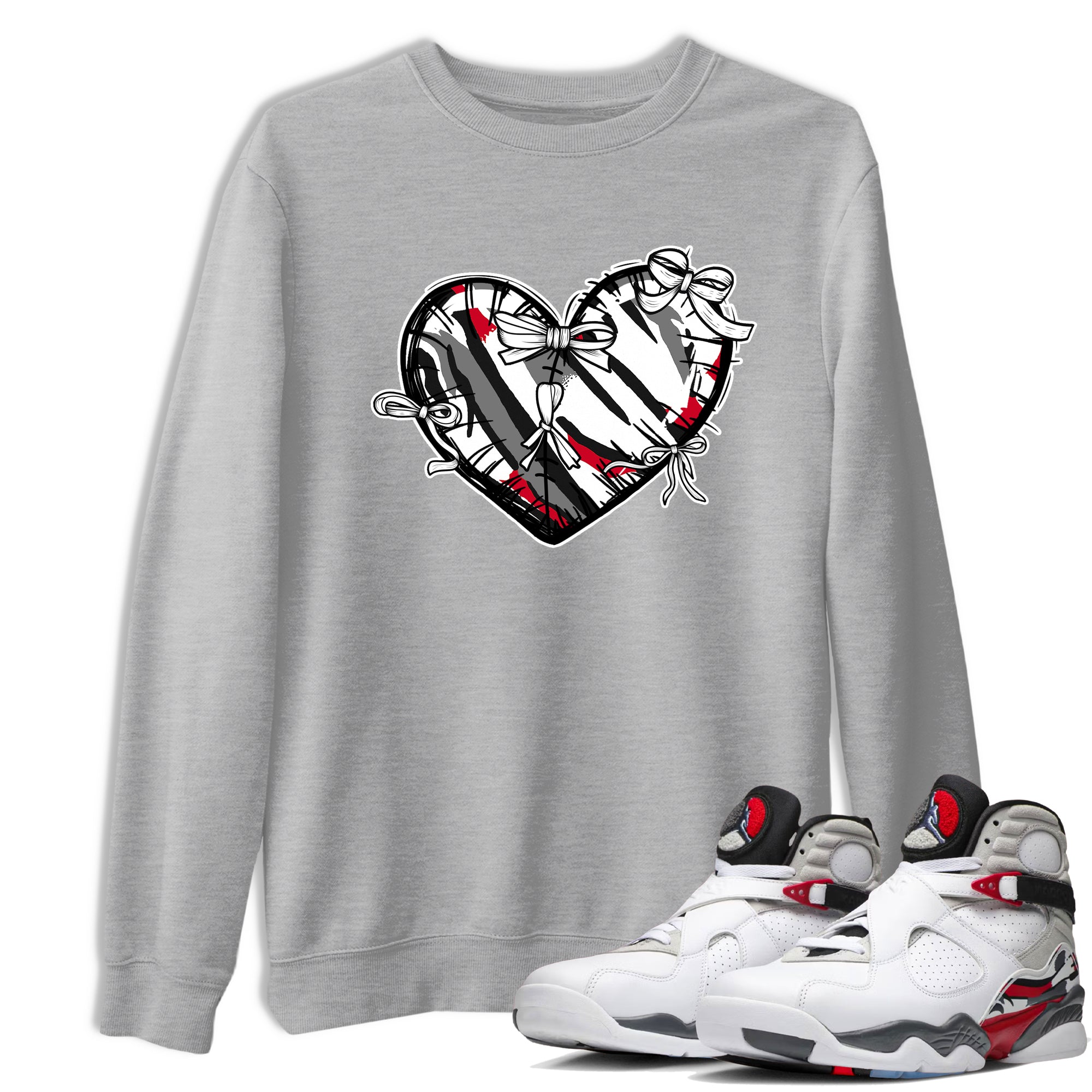 Sneaker match tees – Sneaker Tees To Match Air Jordan 8 Bunny Shoes Air Jordan 8 Bunny White and True Red – Heart With Ribbons Tee Heather Grey 1