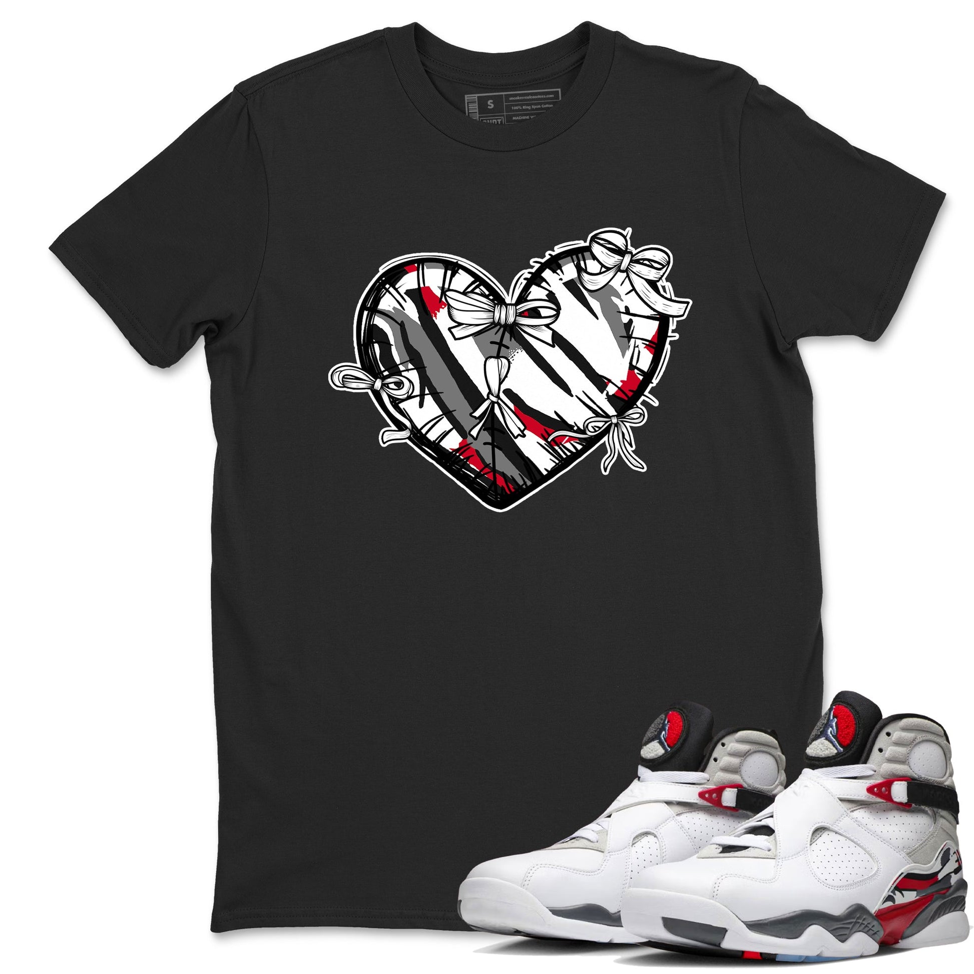 Sneaker match tees – Sneaker Tees To Match Air Jordan 8 Bunny Shoes Air Jordan 8 Bunny White and True Red – Heart With Ribbons Tee Black 1