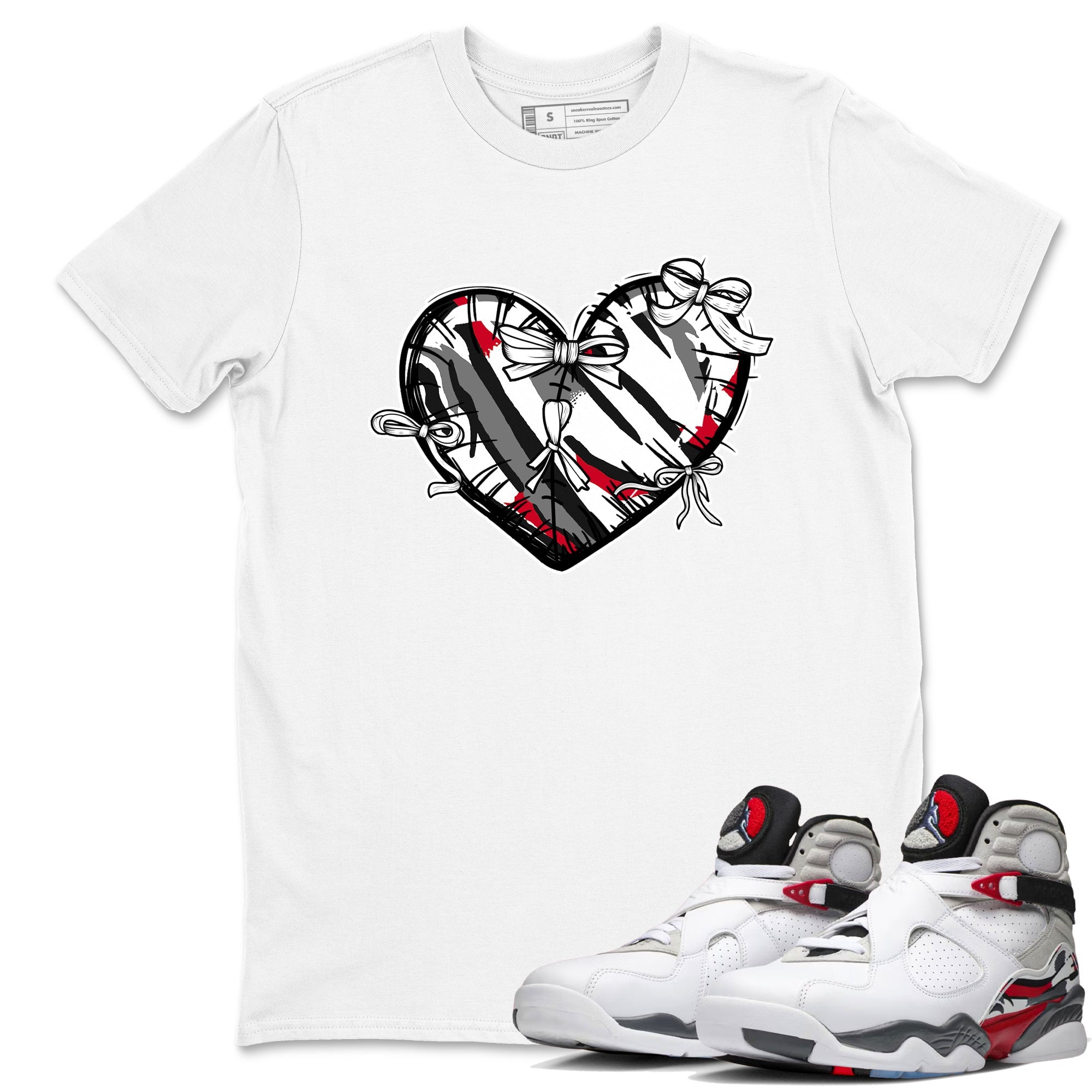 Sneaker match tees – Sneaker Tees To Match Air Jordan 8 Bunny Shoes Air Jordan 8 Bunny White and True Red – Heart With Ribbons Tee White 1