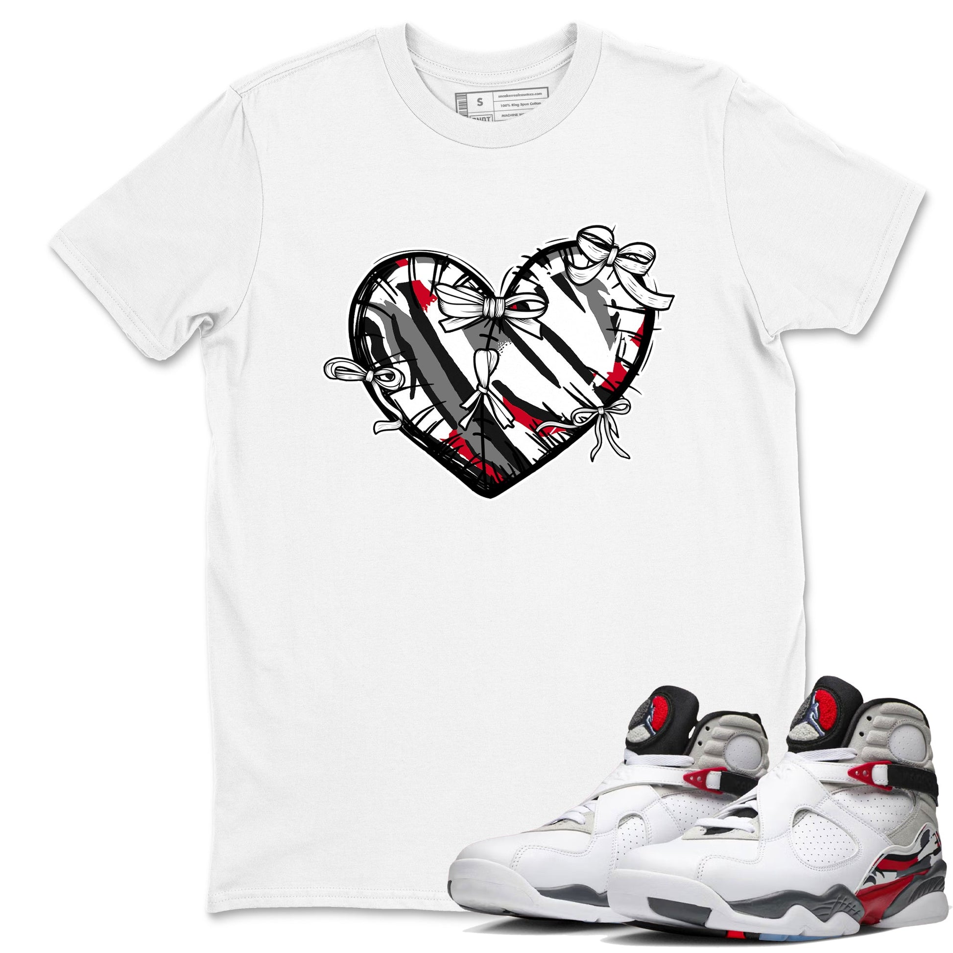 Sneaker match tees – Sneaker Tees To Match Air Jordan 8 Bunny Shoes Air Jordan 8 Bunny White and True Red – Heart With Ribbons Tee White 1