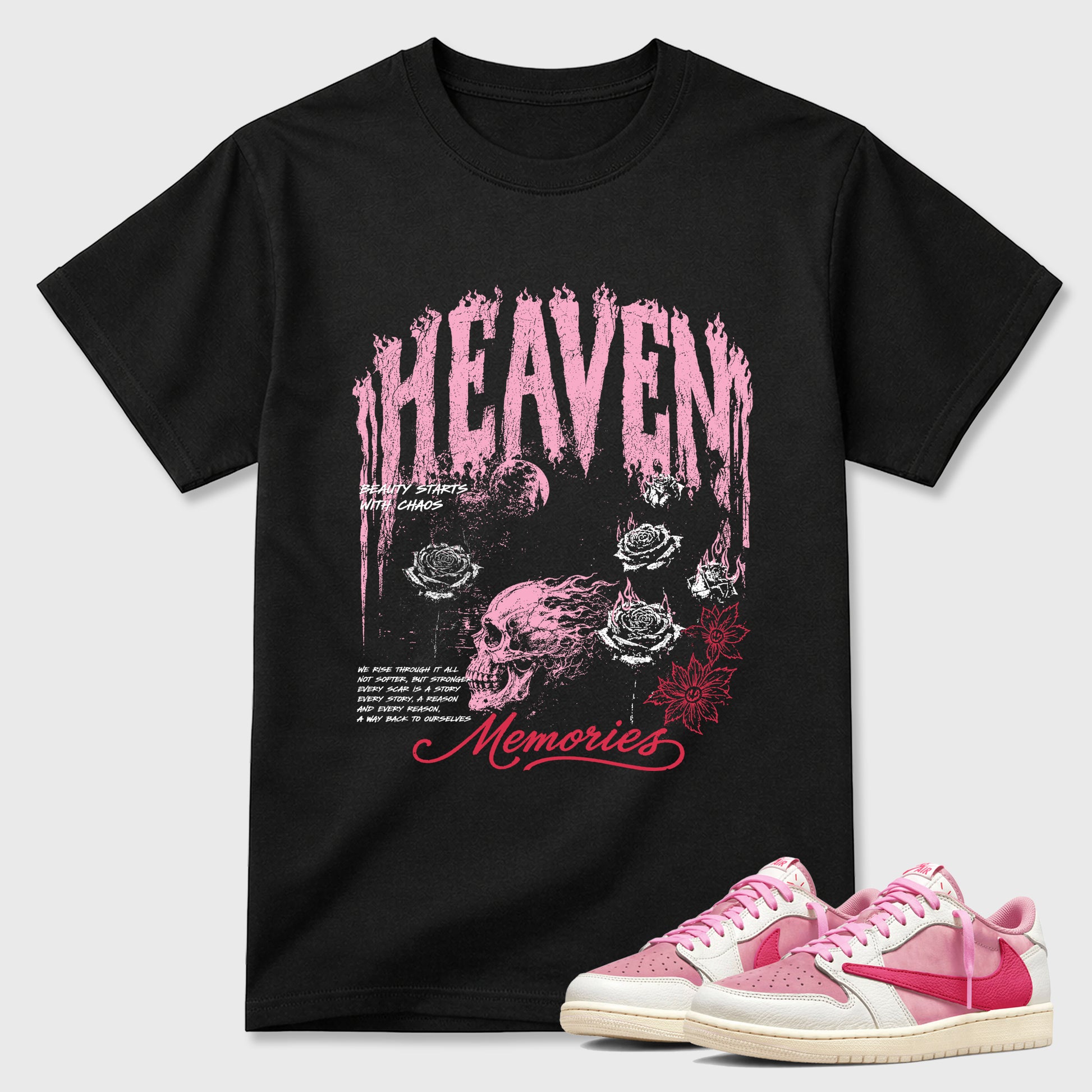 Heaven Memories Graphic T-Shirt sneaker match tee designed for the Air Jordan 1 Travis Scott Tropical Pink, featuring coordinated color options for a perfect streetwear match. Black 1 shirt.