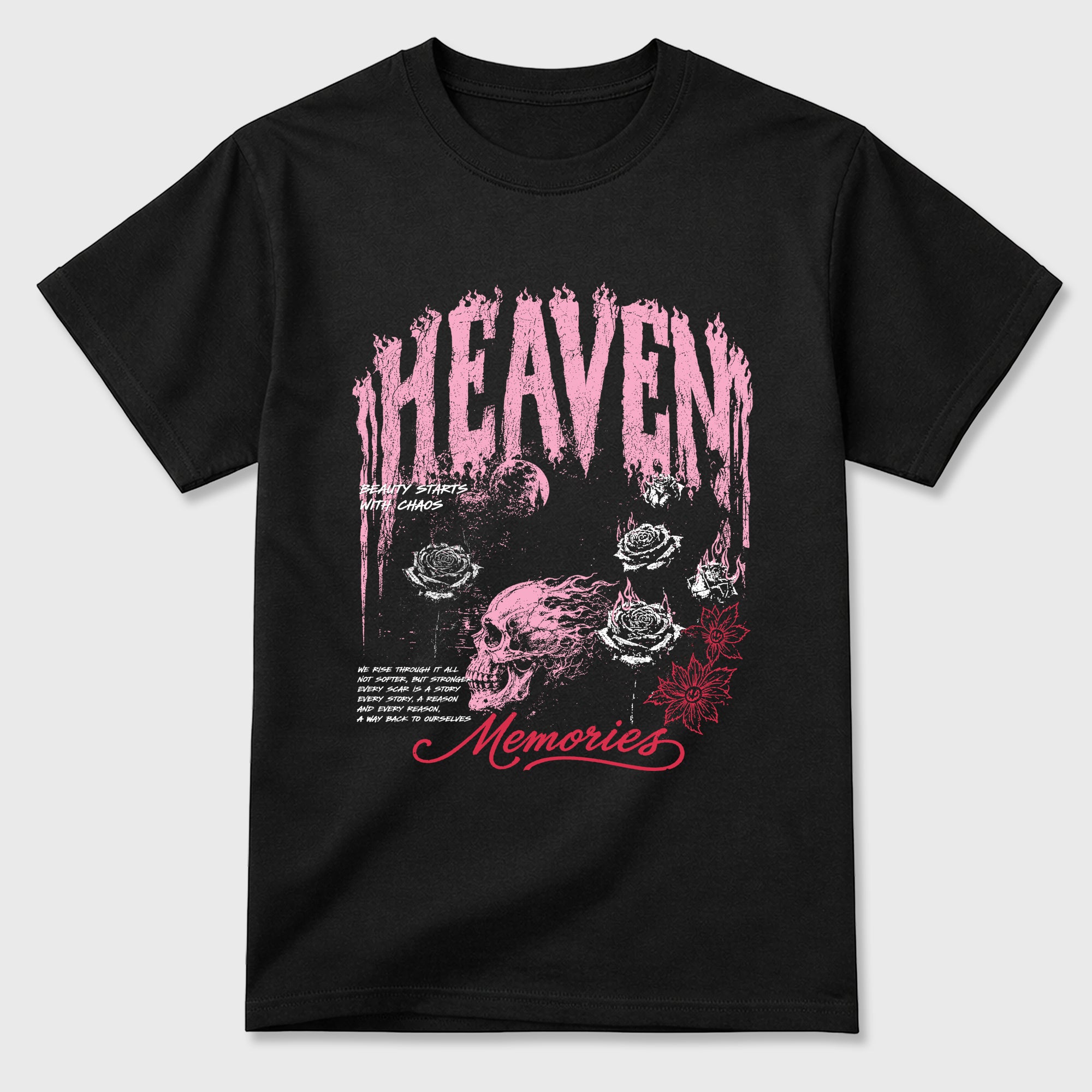 Heaven Memories Graphic T-Shirt sneaker match tee designed for the Air Jordan 1 Travis Scott Tropical Pink, featuring coordinated color options for a perfect streetwear match. Black 2 shirt.