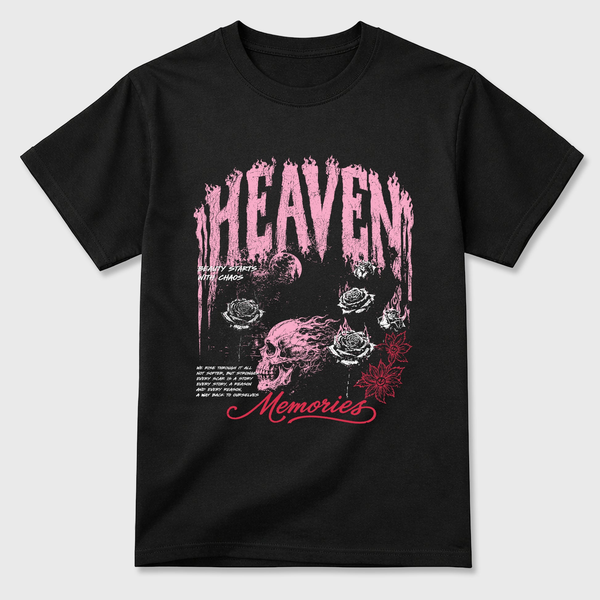 Heaven Memories Graphic T-Shirt sneaker match tee designed for the Air Jordan 1 Travis Scott Tropical Pink, featuring coordinated color options for a perfect streetwear match. Black 2 shirt.