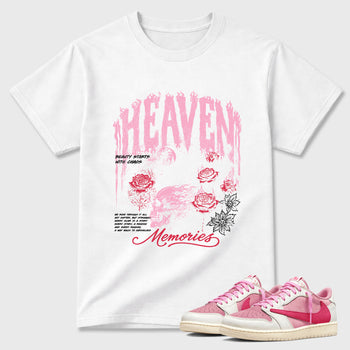 Heaven Memories Graphic T-Shirt sneaker match tee designed for the Air Jordan 1 Travis Scott Tropical Pink, featuring coordinated color options for a perfect streetwear match. White 1 shirt.