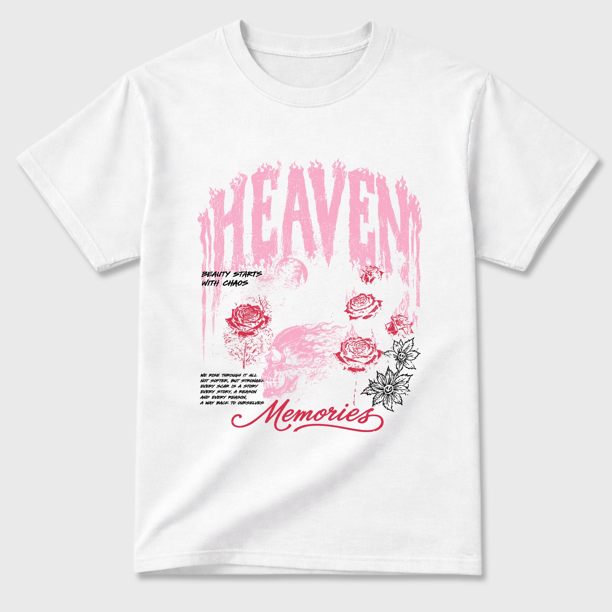 Heaven Memories Graphic T-Shirt sneaker match tee designed for the Air Jordan 1 Travis Scott Tropical Pink, featuring coordinated color options for a perfect streetwear match. White 2 shirt.