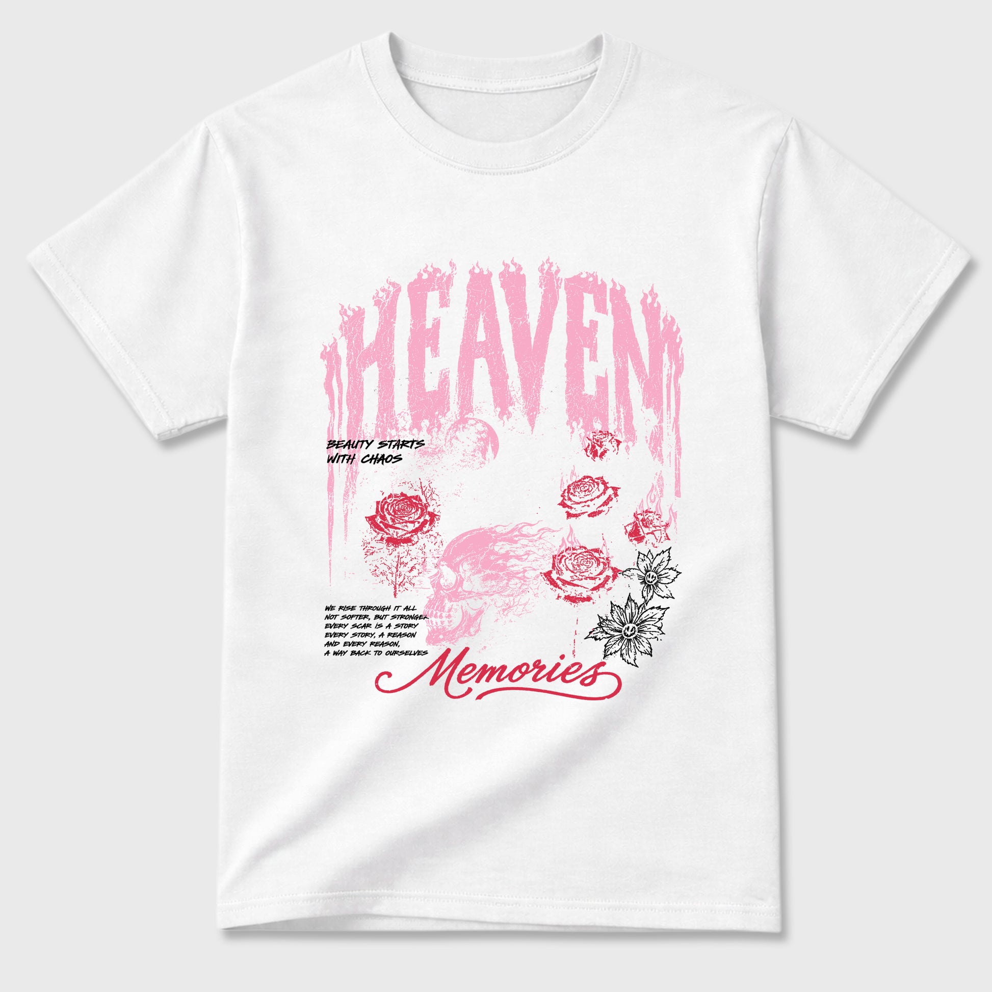 Heaven Memories Graphic T-Shirt sneaker match tee designed for the Air Jordan 1 Travis Scott Tropical Pink, featuring coordinated color options for a perfect streetwear match. White 2 shirt.