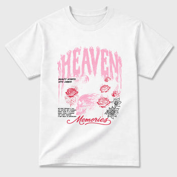 Heaven Memories Graphic T-Shirt sneaker match tee designed for the Air Jordan 1 Travis Scott Tropical Pink, featuring coordinated color options for a perfect streetwear match. White 2 shirt.