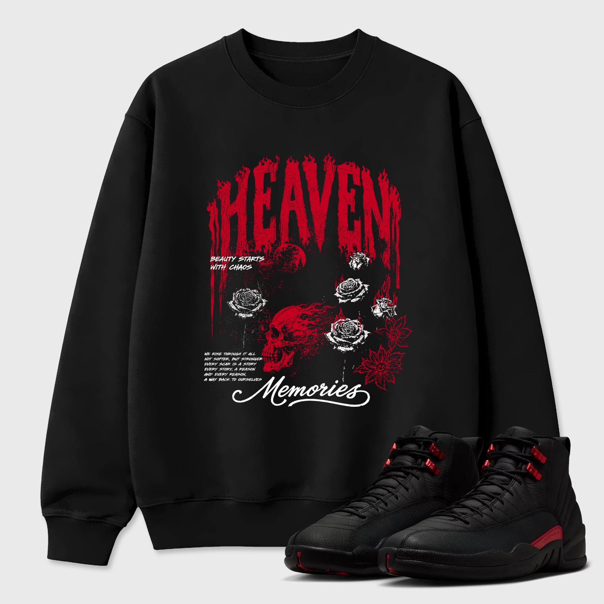 Heaven Memories Graphic T-Shirt sneaker match tee designed for the Air Jordan 12 Retro Bloodline, featuring coordinated color options for a perfect streetwear match. Black 1 shirt.