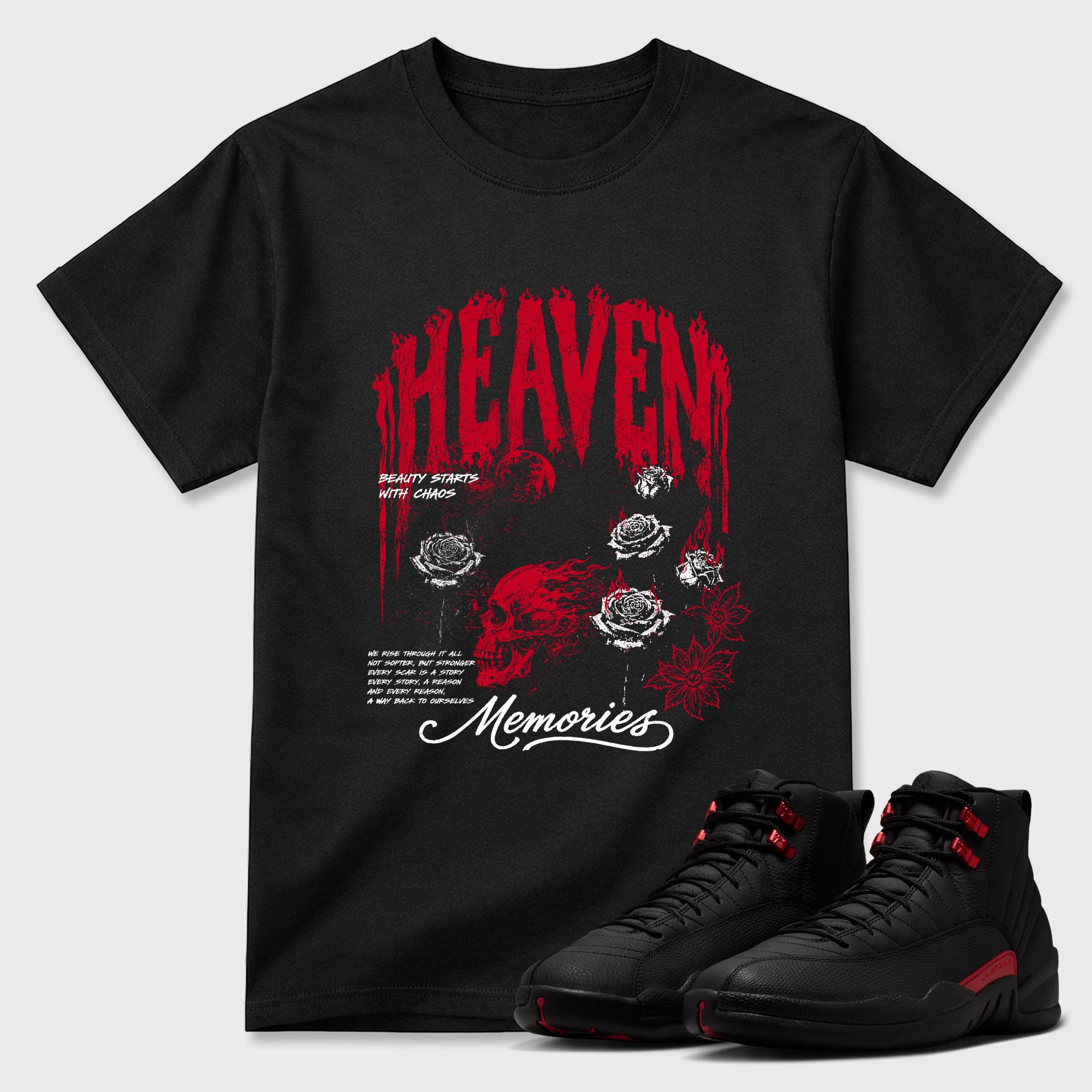 Heaven Memories Graphic T-Shirt sneaker match tee designed for the Air Jordan 12 Retro Bloodline, featuring coordinated color options for a perfect streetwear match. Black 1 shirt.