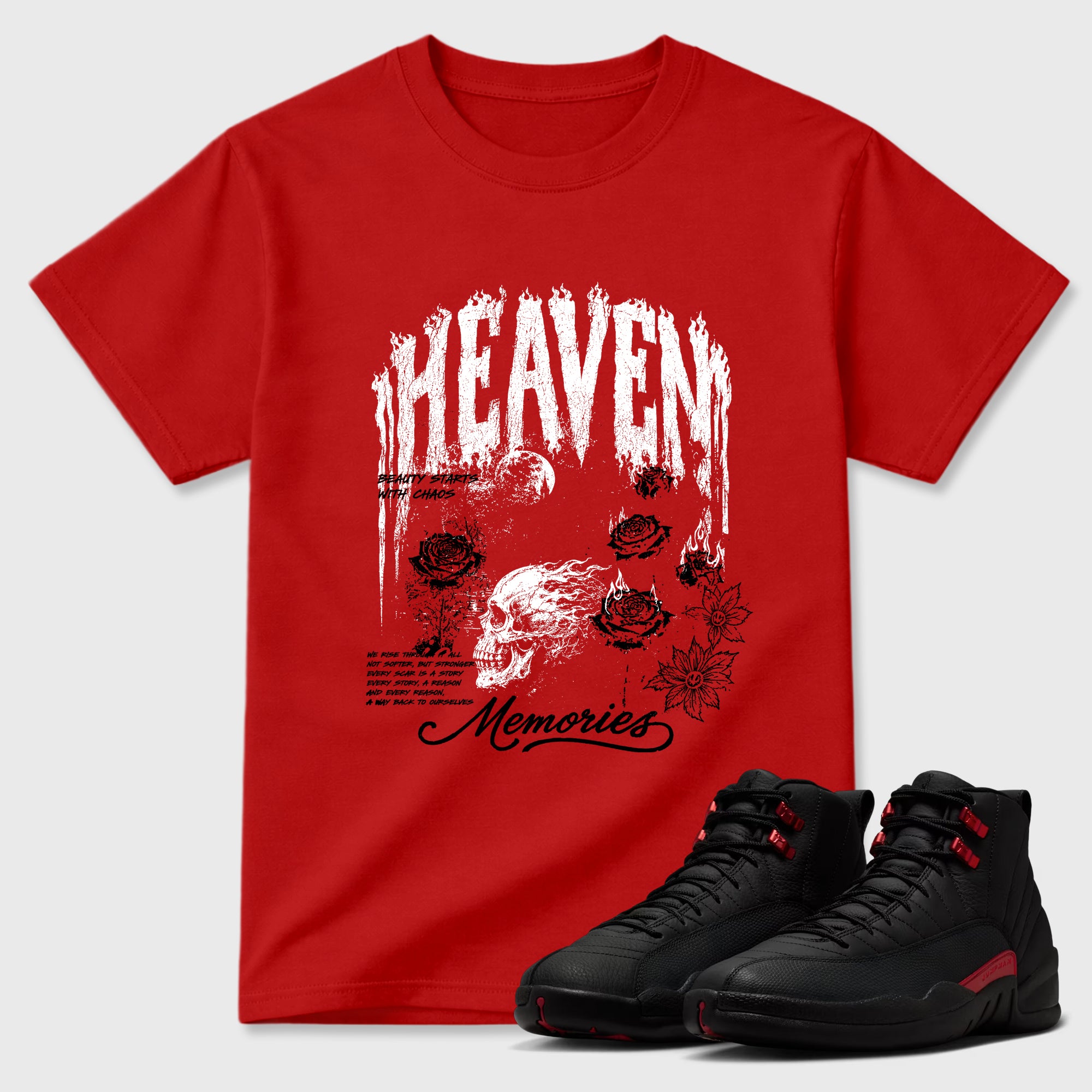 Heaven Memories Graphic T-Shirt sneaker match tee designed for the Air Jordan 12 Retro Bloodline, featuring coordinated color options for a perfect streetwear match. Red 1 shirt.