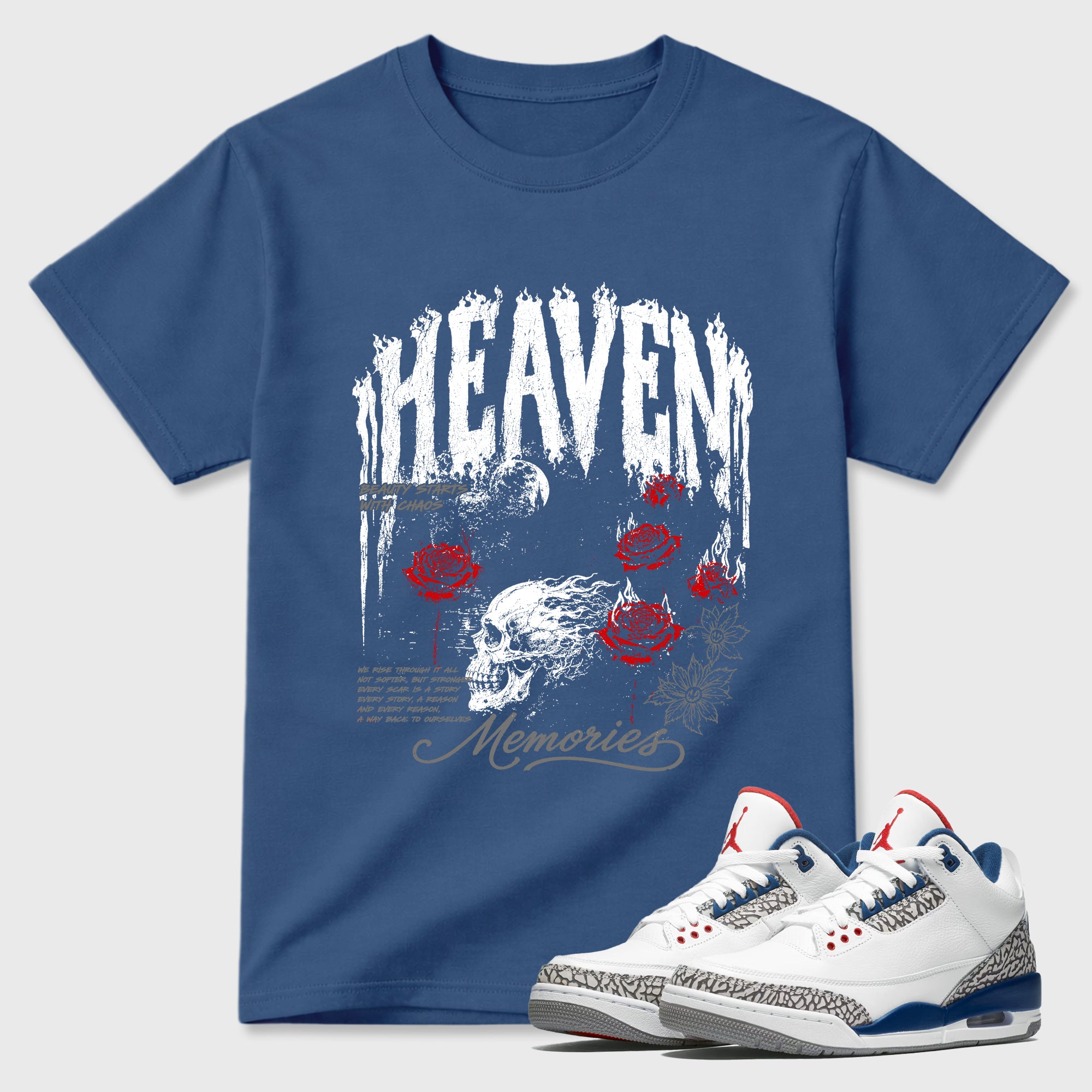 Heaven Memories Graphic T-Shirt featuring original streetwear artwork designed to match the Air Jordan 3 True Blue. Denim Blue 1 Graphic T-Shirt.