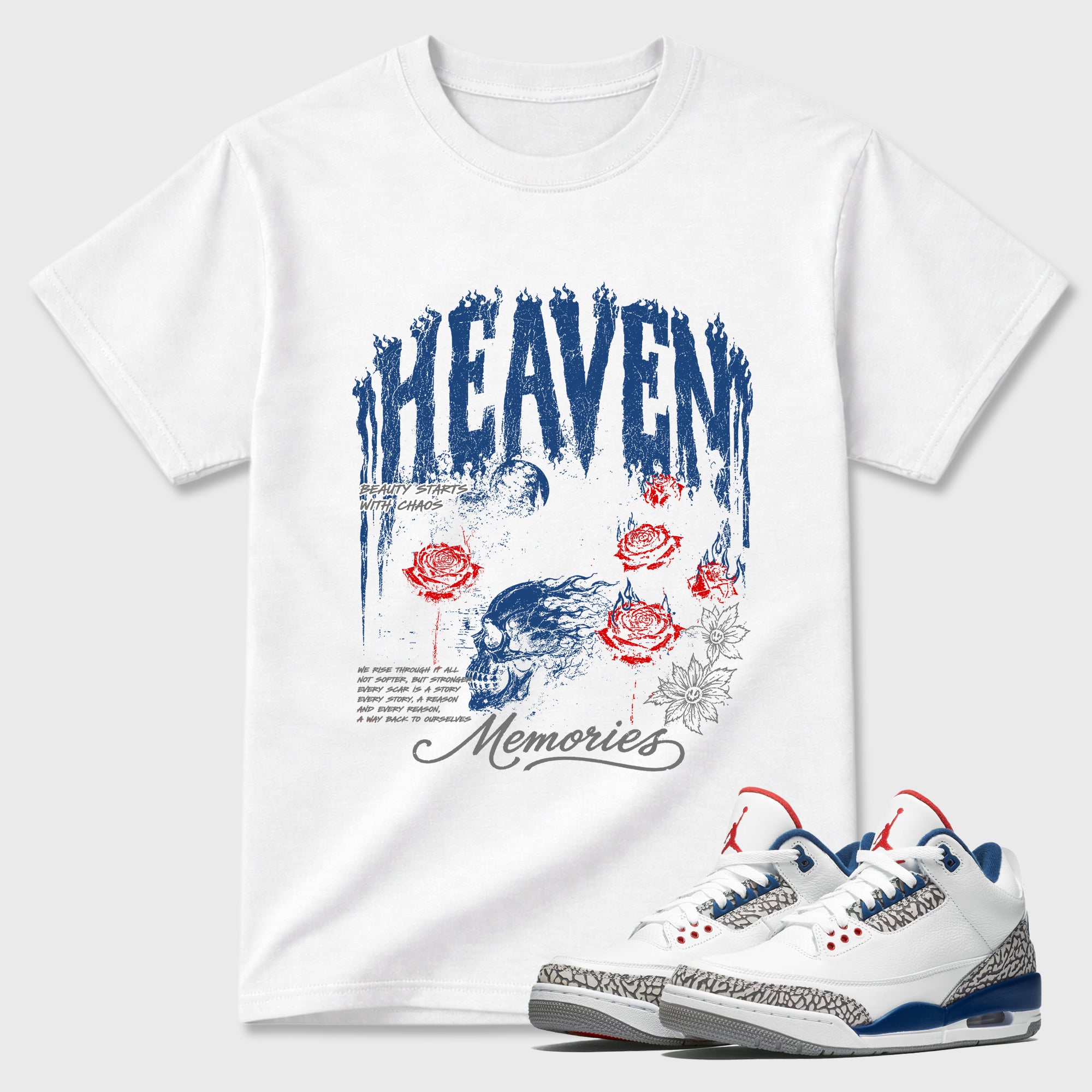 Heaven Memories Graphic T-Shirt featuring original streetwear artwork designed to match the Air Jordan 3 True Blue. White 1 Graphic T-Shirt.