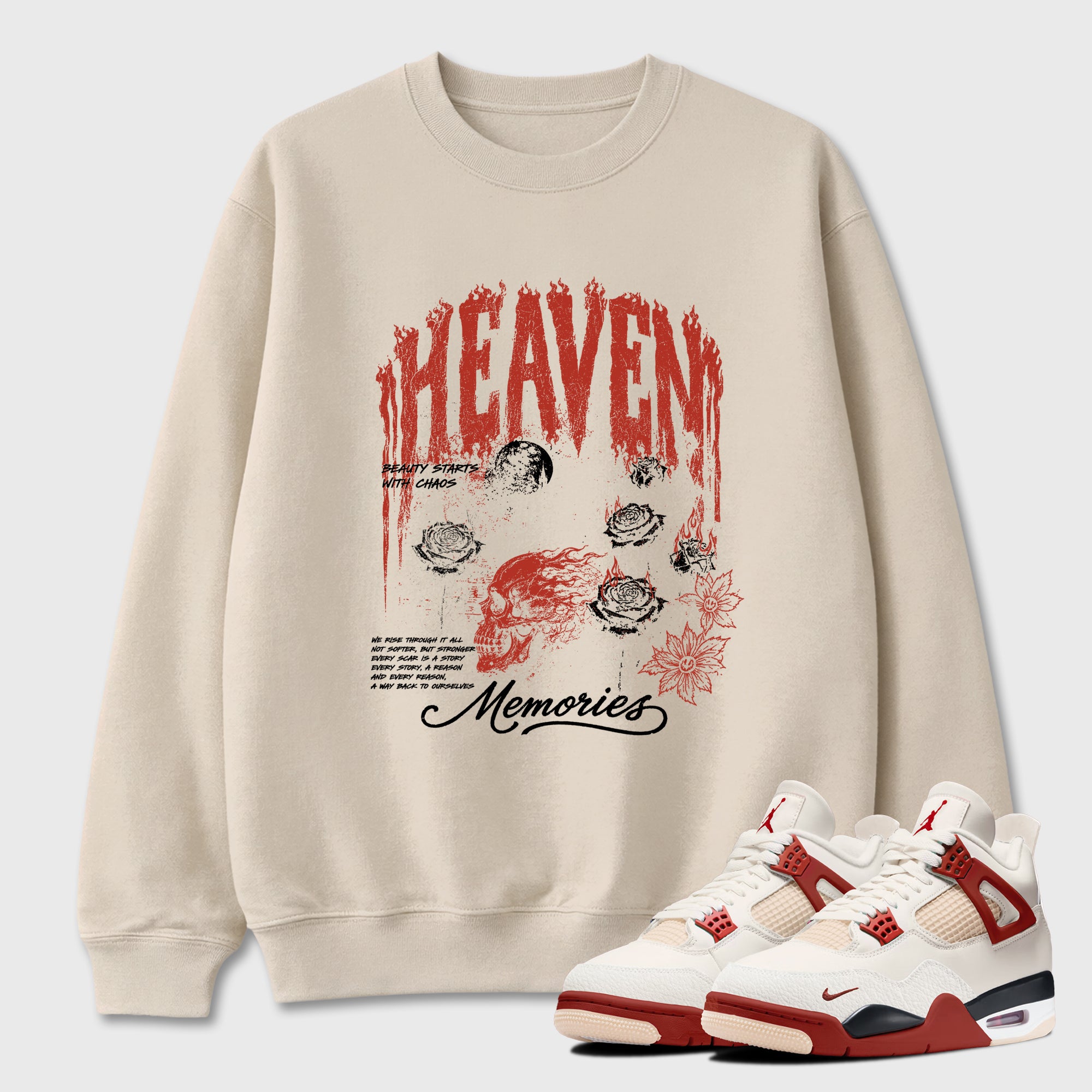 Heaven Memories Graphic T-Shirt sneaker match tee designed for the Air Jordan 4 Brick After Brick, featuring coordinated color options for a perfect streetwear match. Natural 1 shirt.