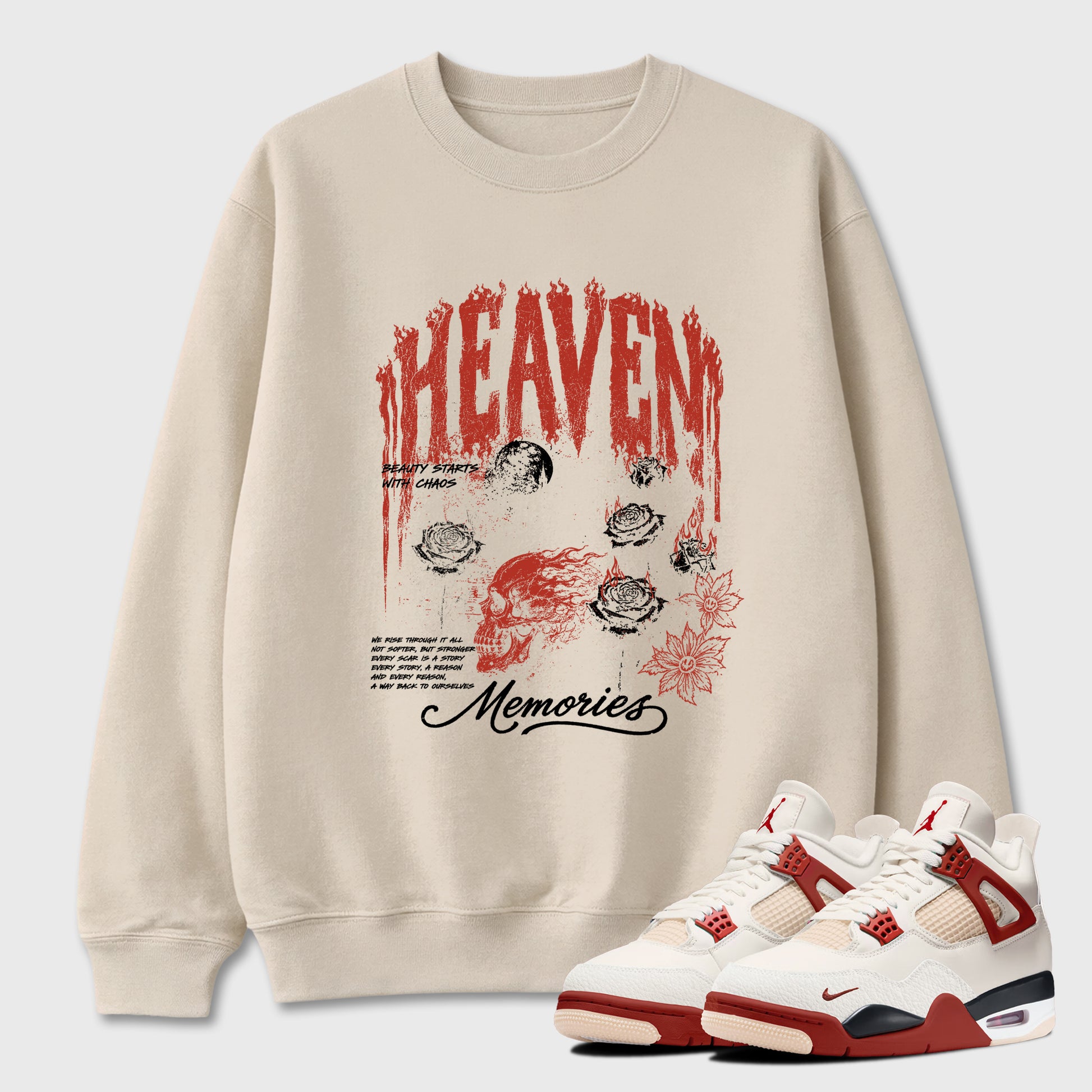 Heaven Memories Graphic T-Shirt sneaker match tee designed for the Air Jordan 4 Brick After Brick, featuring coordinated color options for a perfect streetwear match. Natural 1 shirt.