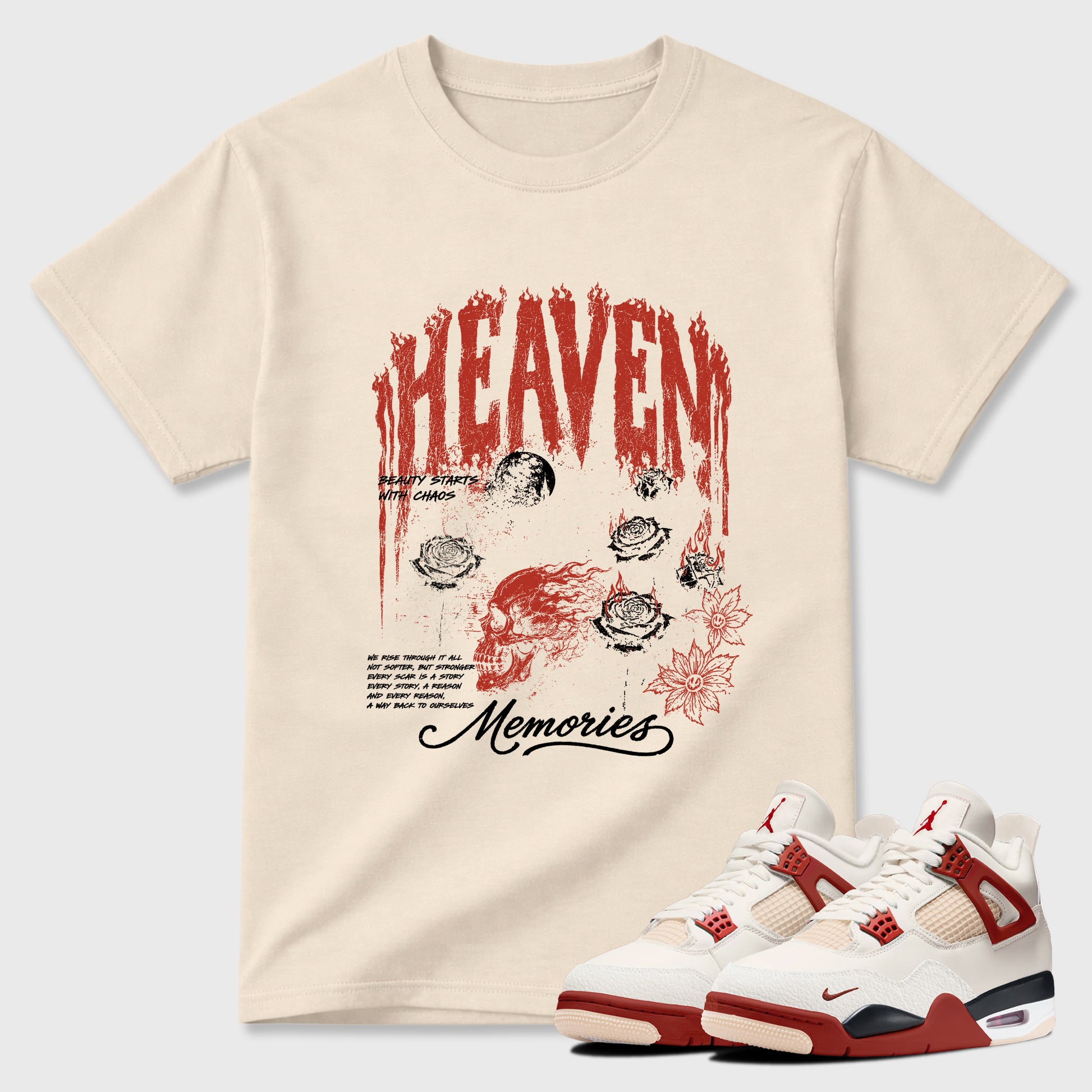 Heaven Memories Graphic T-Shirt sneaker match tee designed for the Air Jordan 4 Brick After Brick, featuring coordinated color options for a perfect streetwear match. Natural 1 shirt.