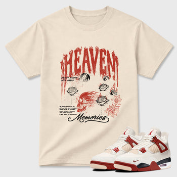 Heaven Memories Graphic T-Shirt sneaker match tee designed for the Air Jordan 4 Brick After Brick, featuring coordinated color options for a perfect streetwear match. Natural 1 shirt.