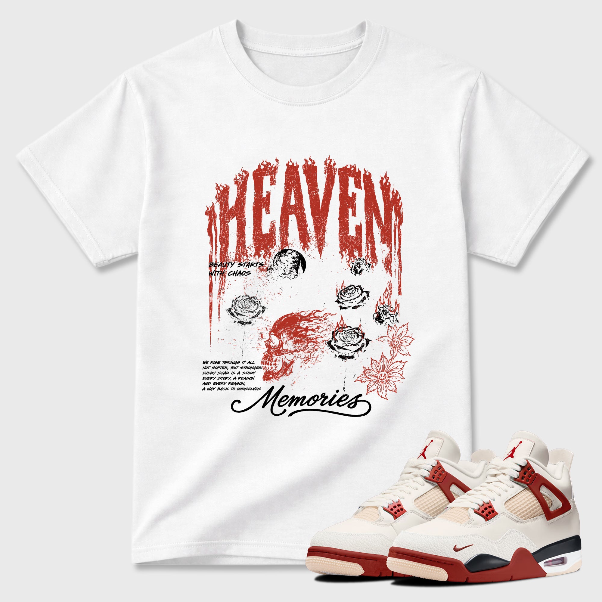 Heaven Memories Graphic T-Shirt sneaker match tee designed for the Air Jordan 4 Brick After Brick, featuring coordinated color options for a perfect streetwear match. White 1 shirt.