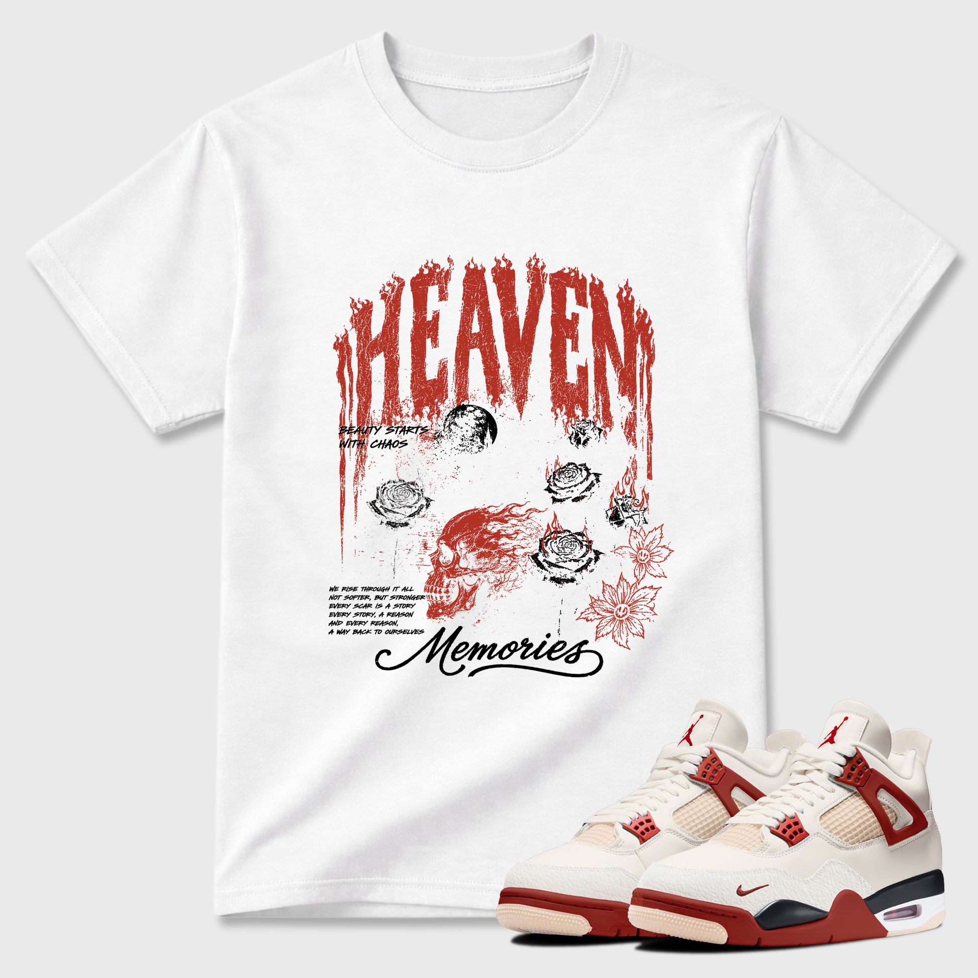 Heaven Memories Graphic T-Shirt sneaker match tee designed for the Air Jordan 4 Brick After Brick, featuring coordinated color options for a perfect streetwear match. White 1 shirt.