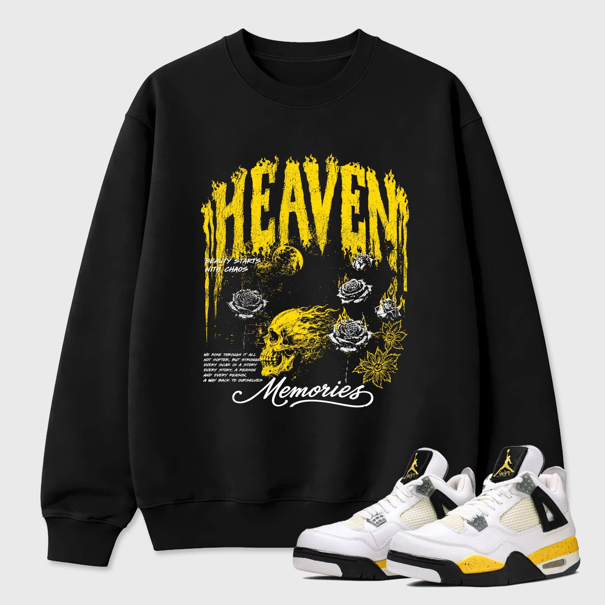 Heaven Memories Graphic T-Shirt featuring original streetwear artwork designed to match the Air Jordan 4 Tour Yellow. Black 1 Graphic Tee.