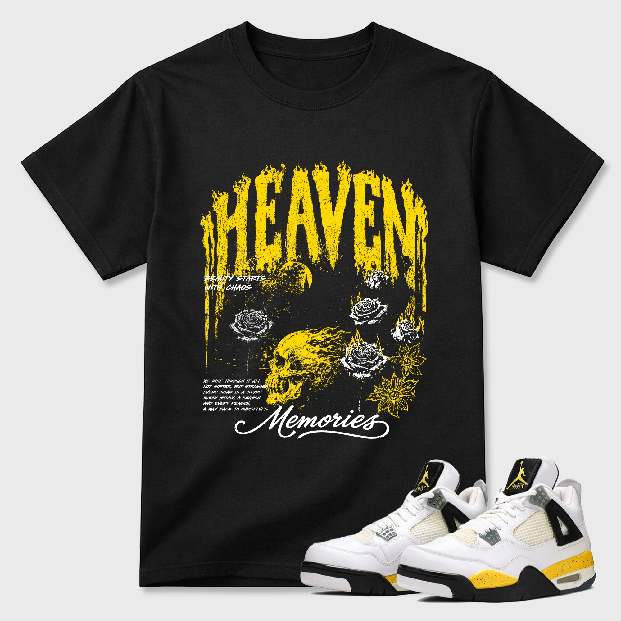 Heaven Memories Graphic T-Shirt featuring original streetwear artwork designed to match the Air Jordan 4 Tour Yellow. Black 1 Graphic T-Shirt.