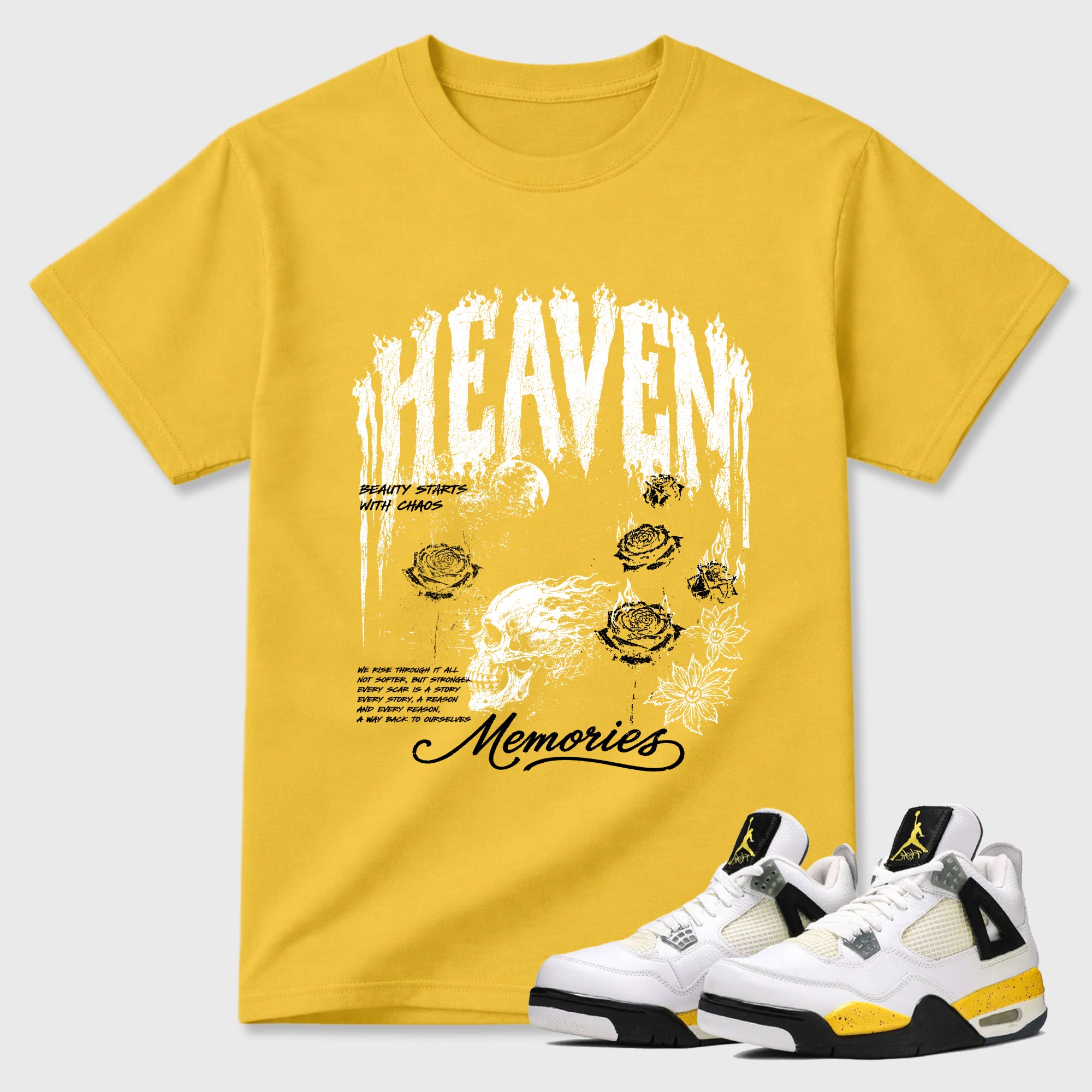 Heaven Memories Graphic T-Shirt featuring original streetwear artwork designed to match the Air Jordan 4 Tour Yellow. Daisy 1 Graphic T-Shirt.