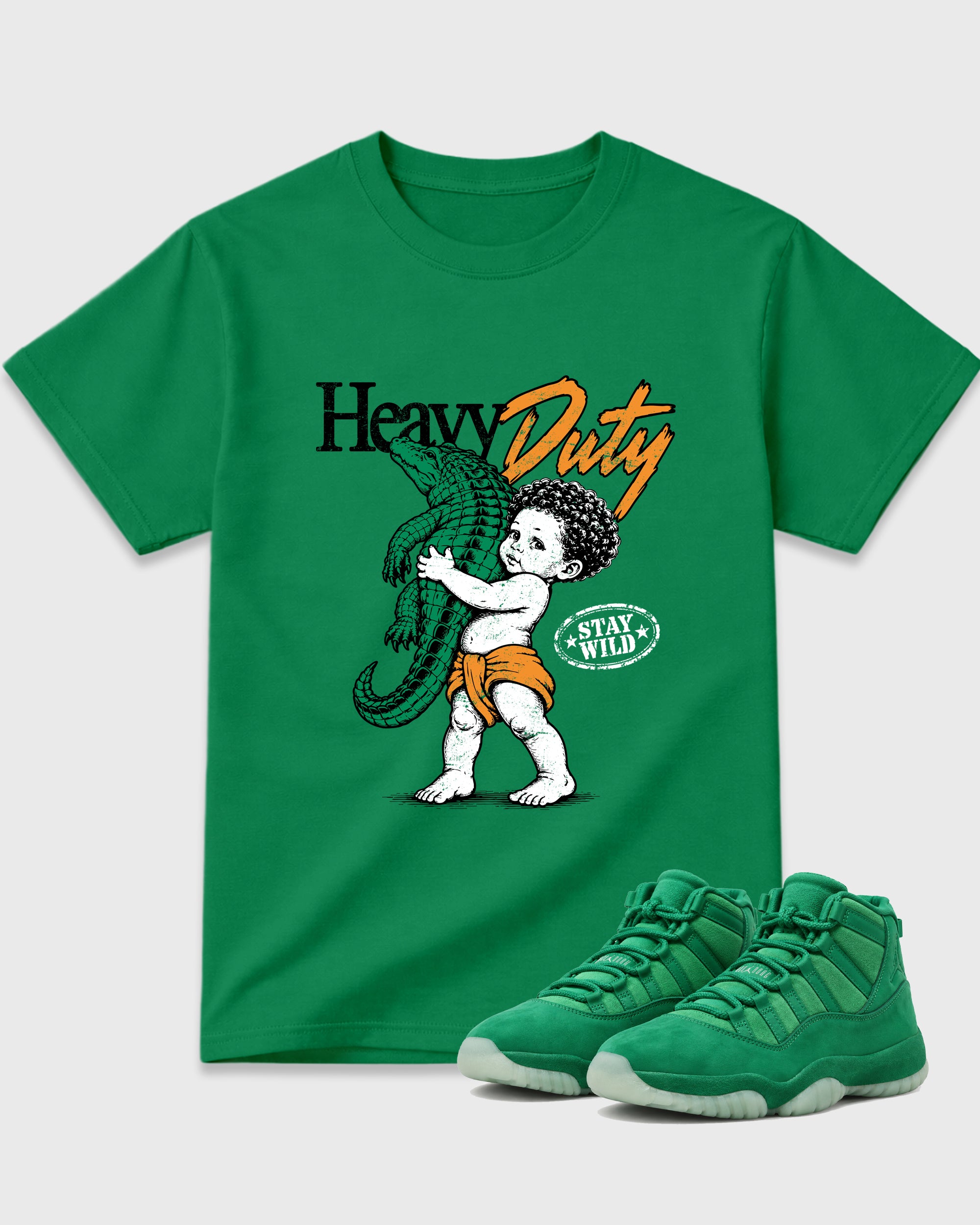 Heavy Duty Graphic T-Shirt featuring original streetwear artwork designed to match the Air Jordan 11 Green Screen. Kelly Green 1 Graphic T-Shirt.