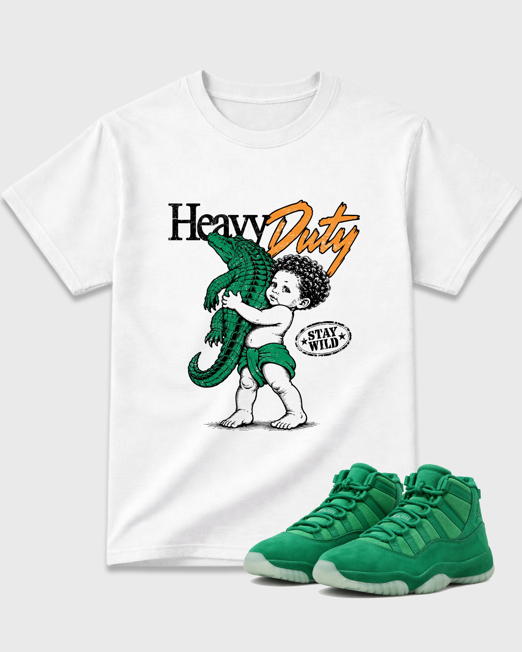 Heavy Duty Graphic T-Shirt featuring original streetwear artwork designed to match the Air Jordan 11 Green Screen. White 1 Graphic T-Shirt.