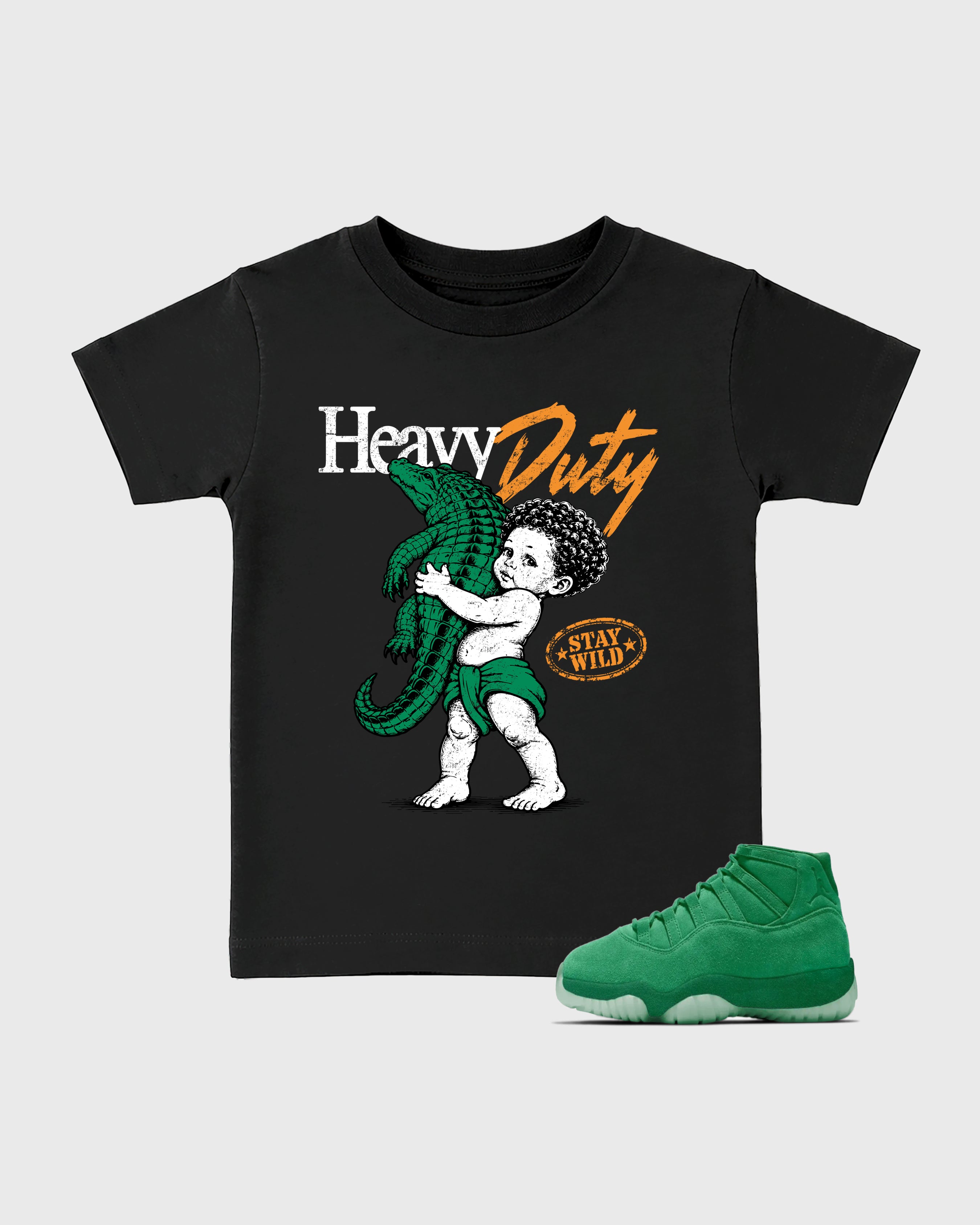 Heavy Duty Baby & Kids Graphic T-Shirt featuring original artwork designed to match the Air Jordan 11 Green Screen. Black 1 Kids Graphic Tee.