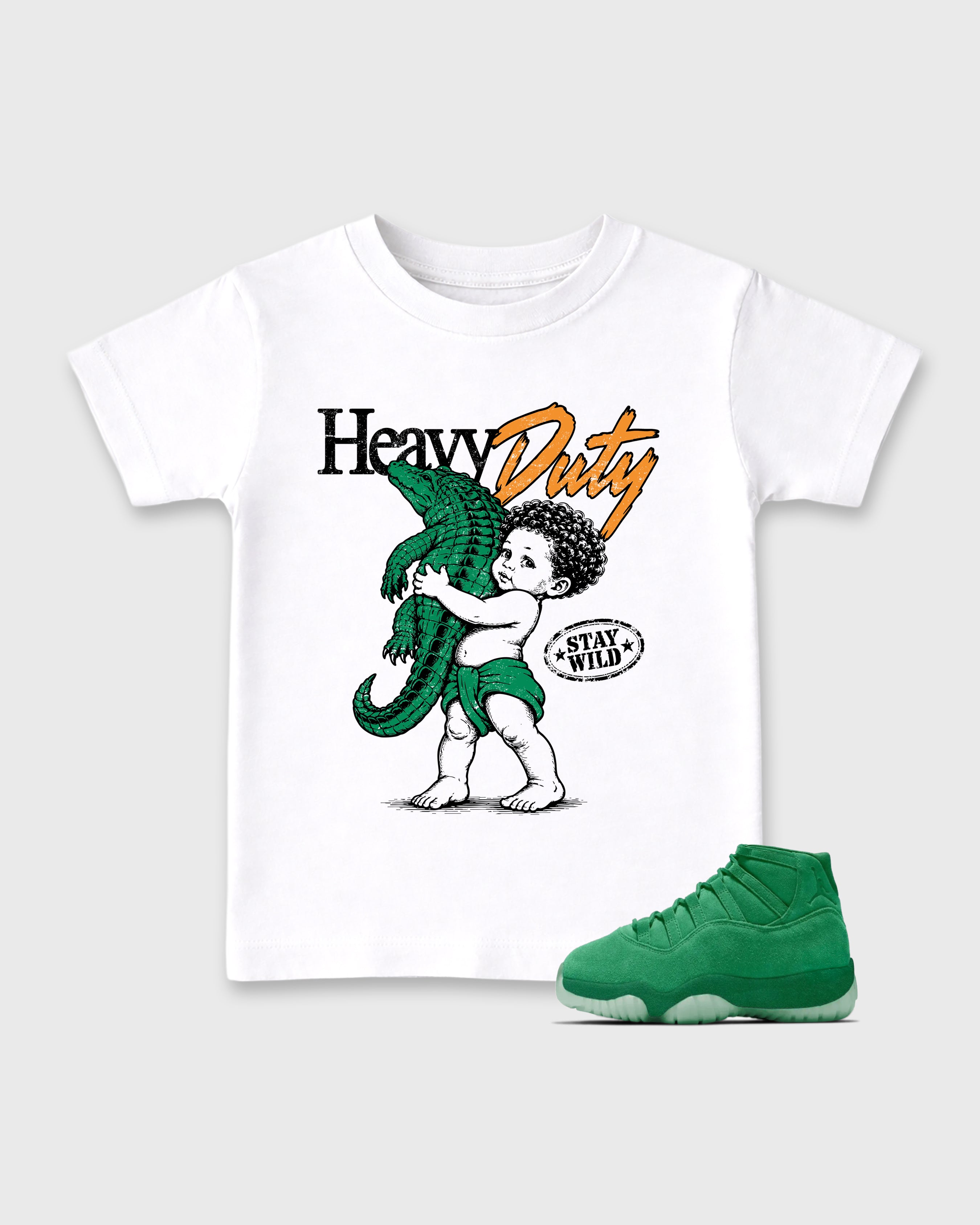Heavy Duty Baby & Kids Graphic T-Shirt featuring original artwork designed to match the Air Jordan 11 Green Screen. White 1 Kids Graphic Tee.