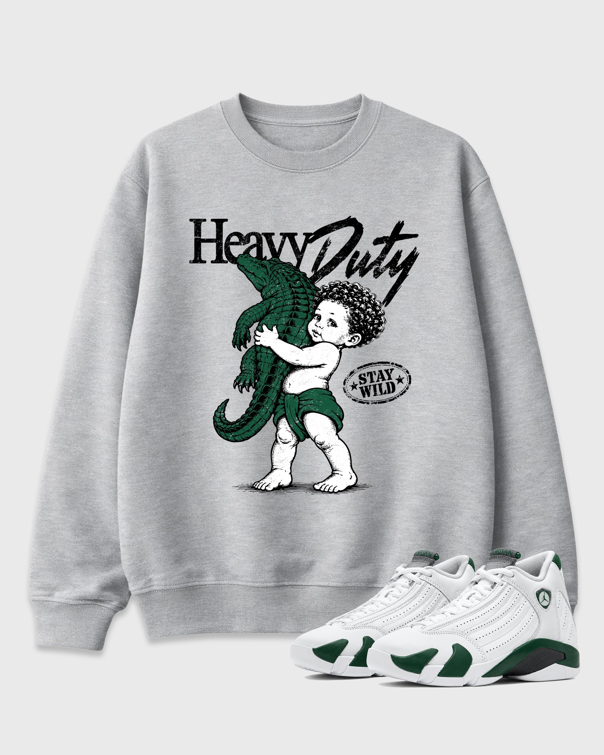 Heavy Duty Graphic T-Shirt featuring original streetwear artwork designed to match the Air Jordan 14 Forest Green. Heather Grey 1 Graphic Tee.