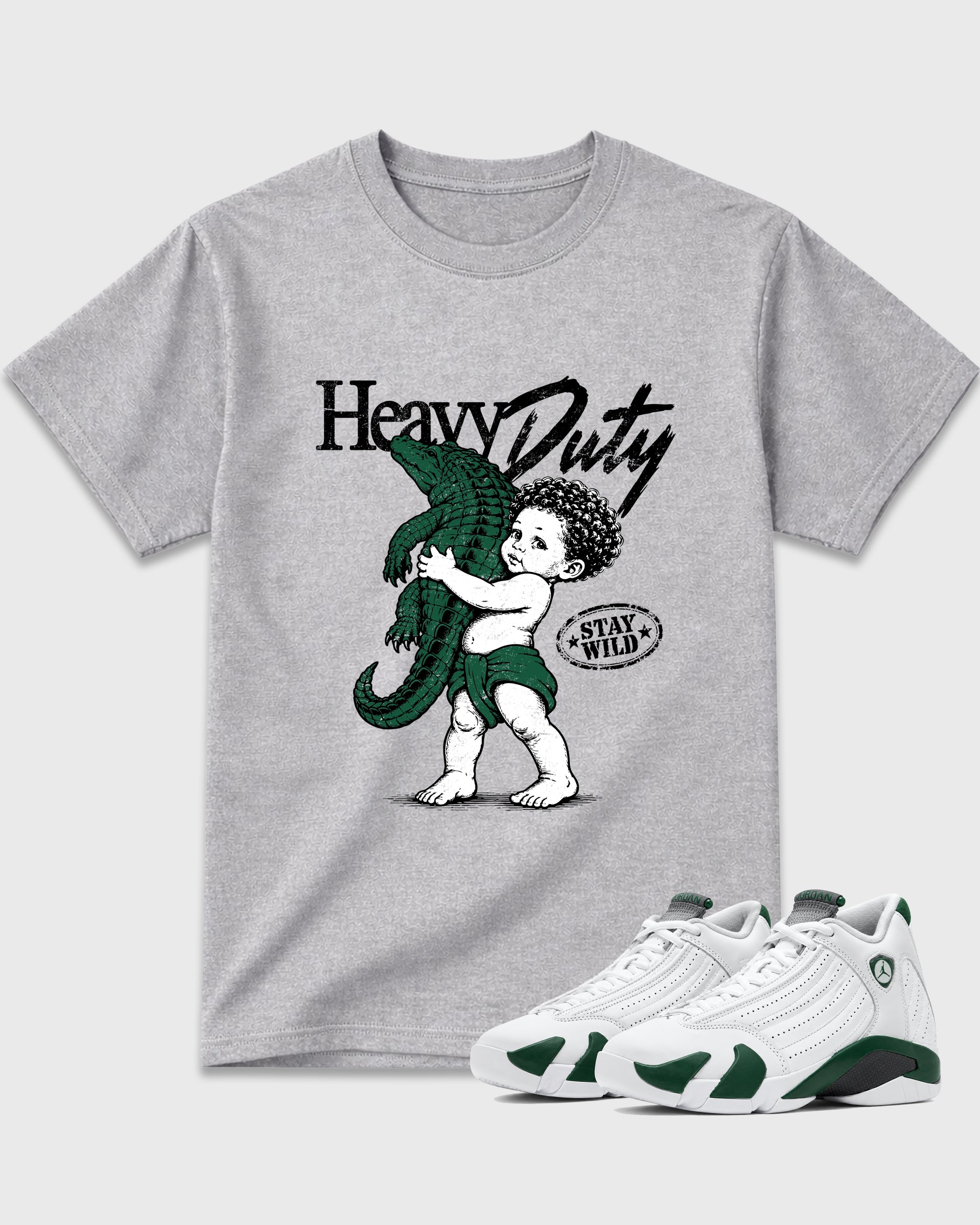 Heavy Duty Graphic T-Shirt featuring original streetwear artwork designed to match the Air Jordan 14 Forest Green. Heather Grey 1 Graphic T-Shirt.
