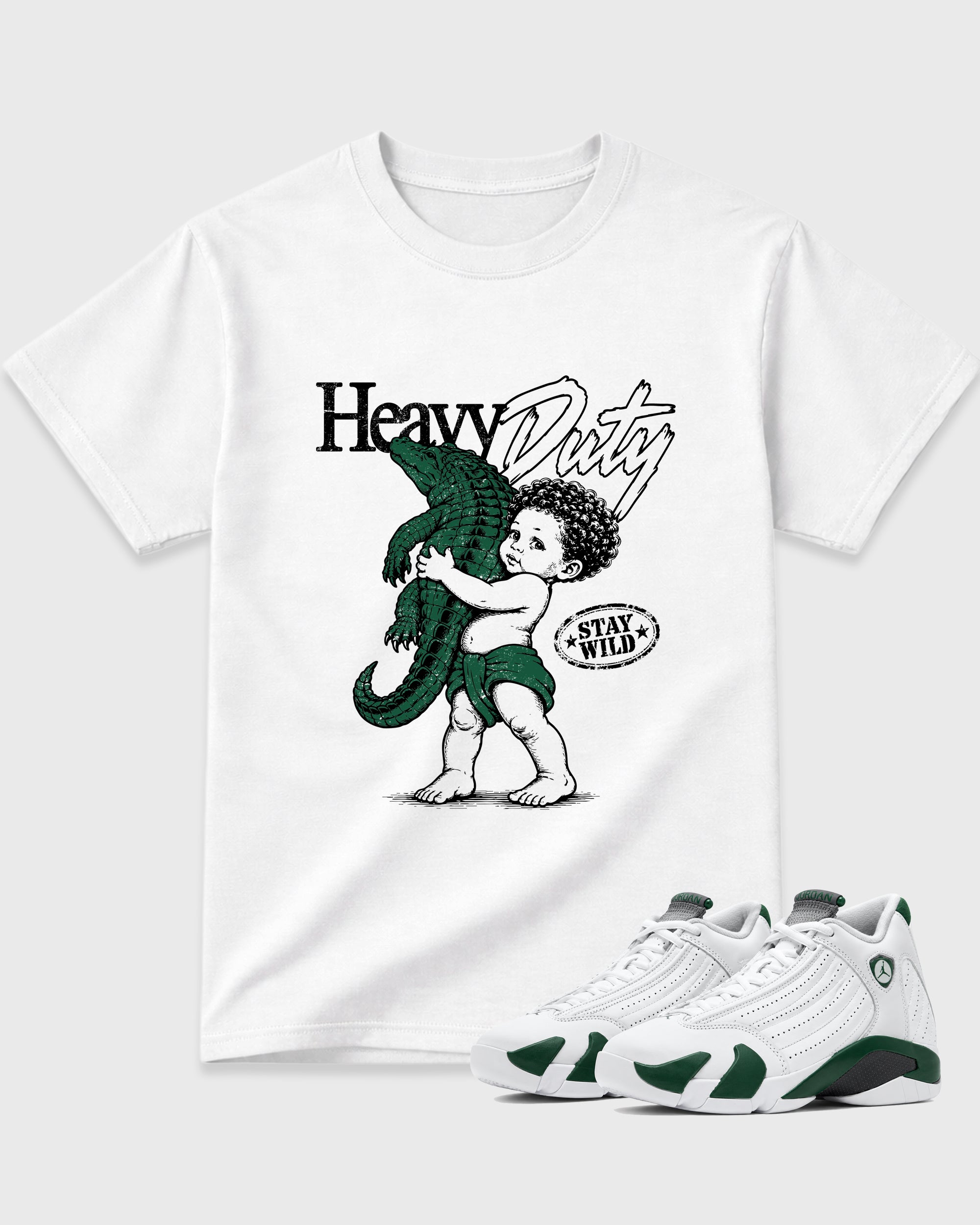 Heavy Duty Graphic T-Shirt featuring original streetwear artwork designed to match the Air Jordan 14 Forest Green. White 1 Graphic T-Shirt.