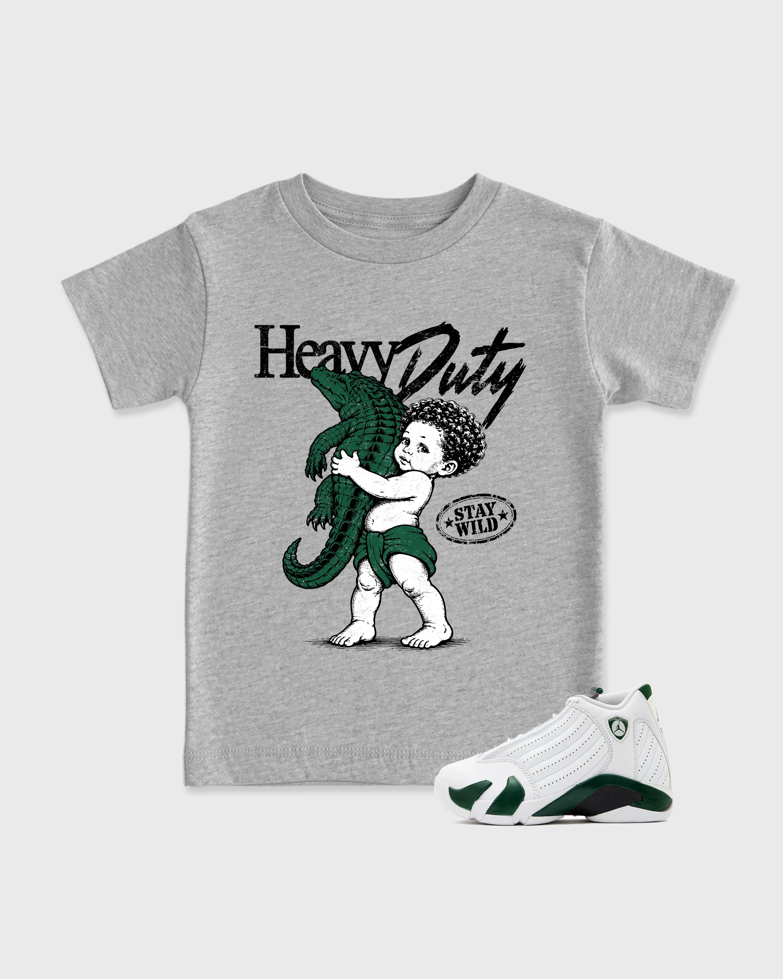 Heavy Duty Baby & Kids Graphic T-Shirt featuring original artwork designed to match the Air Jordan 14 Forest Green. Heather Grey 1 Kids Graphic Tee.