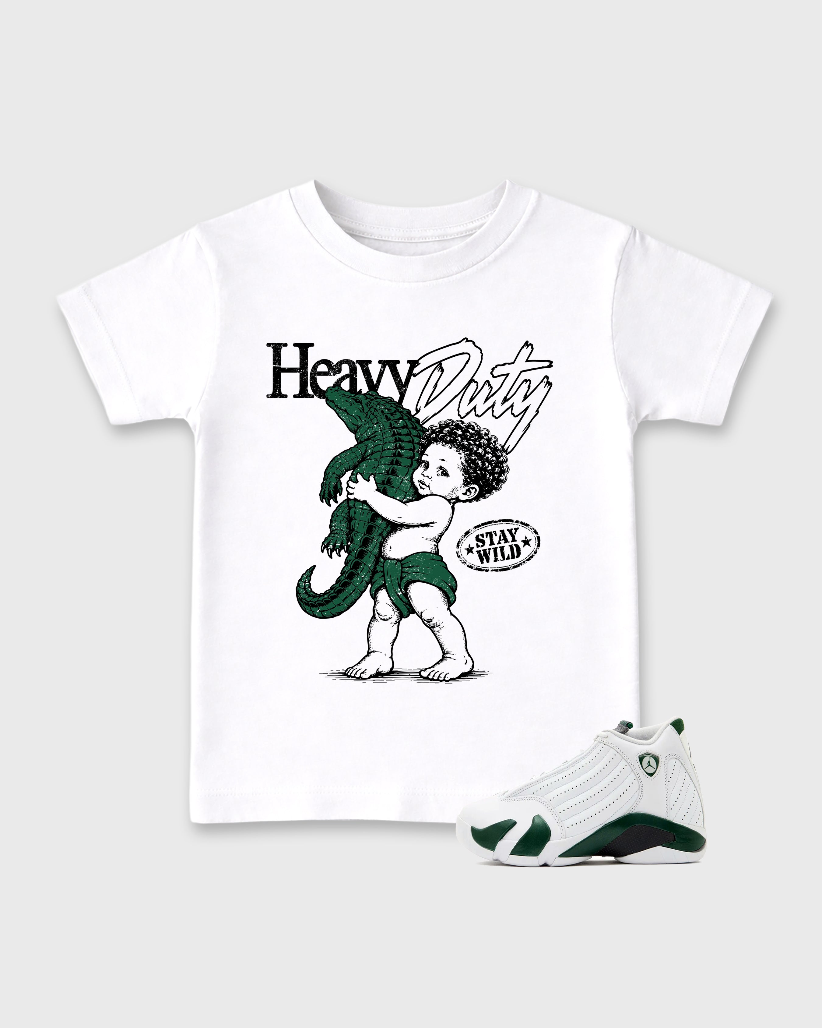 Heavy Duty Baby & Kids Graphic T-Shirt featuring original artwork designed to match the Air Jordan 14 Forest Green. White 1 Kids Graphic Tee.