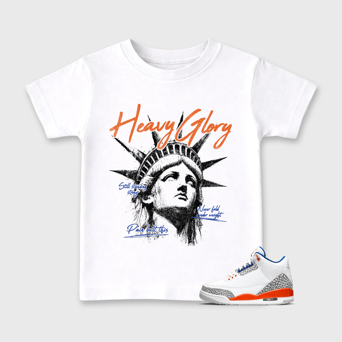 Heavy Glory Baby & Kids Graphic T-Shirt featuring original artwork designed to match the Air Jordan 3 Knicks. White 1 Kids Graphic Tee.