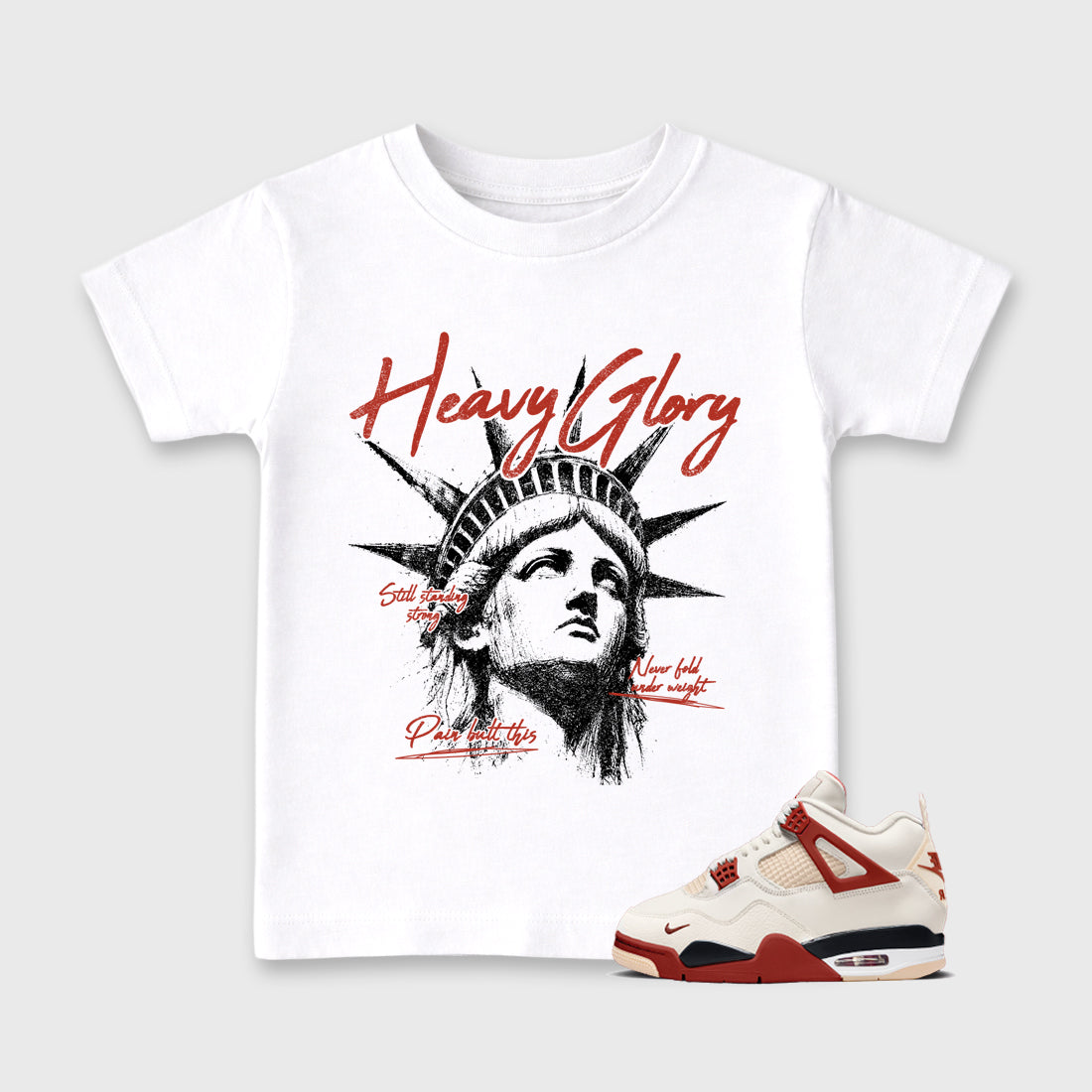 Heavy Glory affordable baby and kids t-shirt designed to match the Air Jordan 4 Brick After Brick, featuring coordinated White 1 options for the perfect little sneakerhead streetwear look.