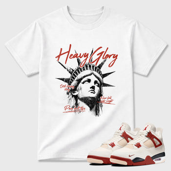 Heavy Glory Graphic T-Shirt sneaker match tee designed for the Air Jordan 4 Brick After Brick, featuring coordinated color options for a perfect streetwear match. White 1 shirt.