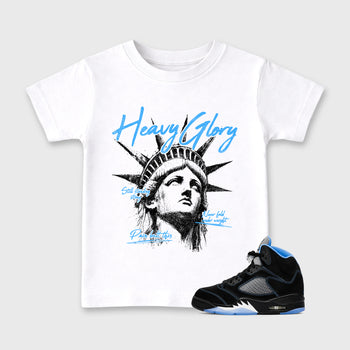 Heavy Glory affordable baby and kids t-shirt designed to match the Air Jordan 5 Black Univiersty Blue, featuring coordinated White 1 options for the perfect little sneakerhead streetwear look.